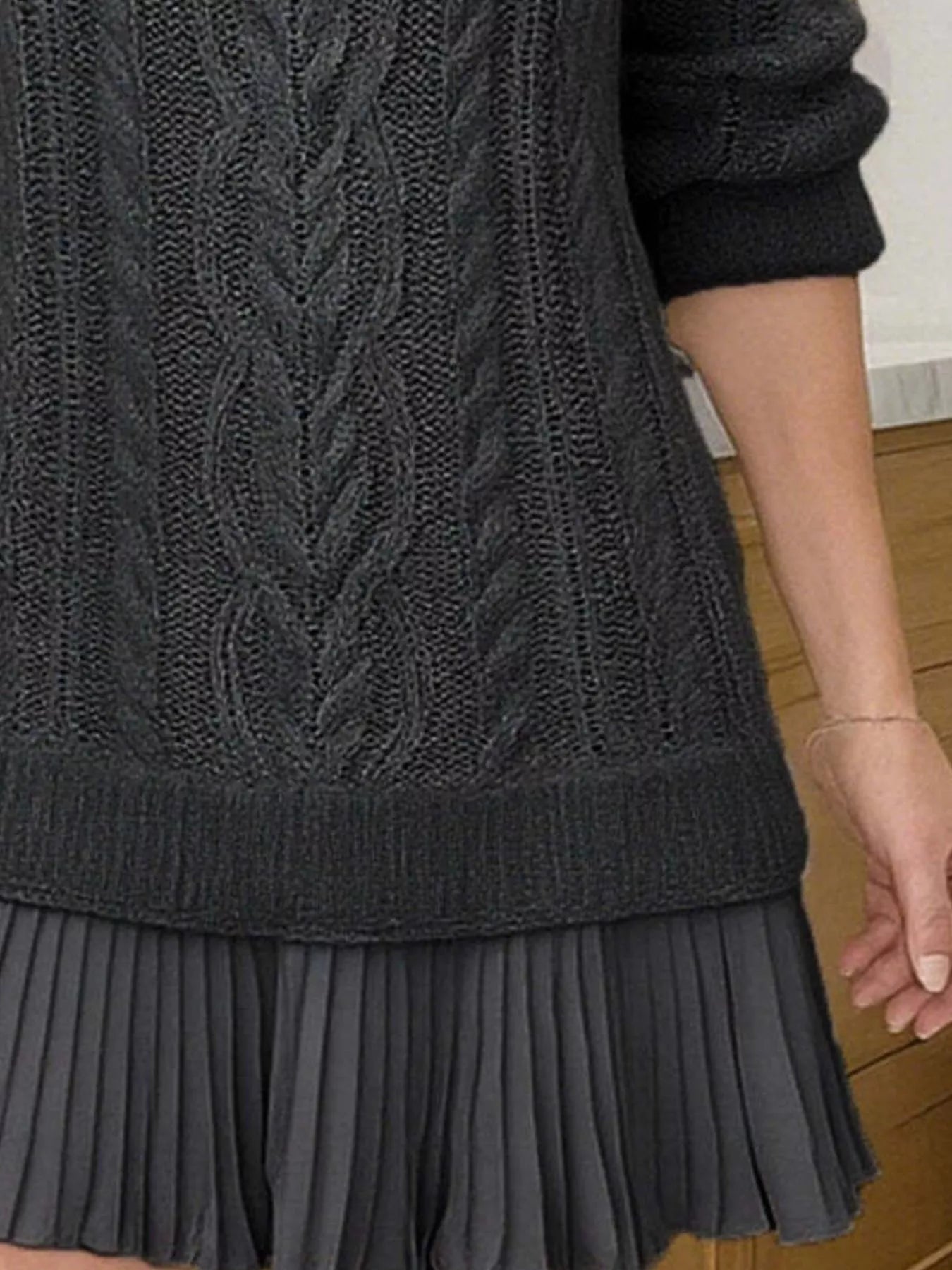 Full Size Cable Knit Pleated Hem Sweater Dress Plus Size - MAD RUFFI