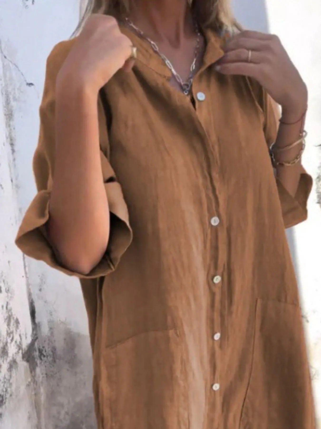 Full Size Casual Linen Button - Down Shirt Dress Plus Size - MAD RUFFI