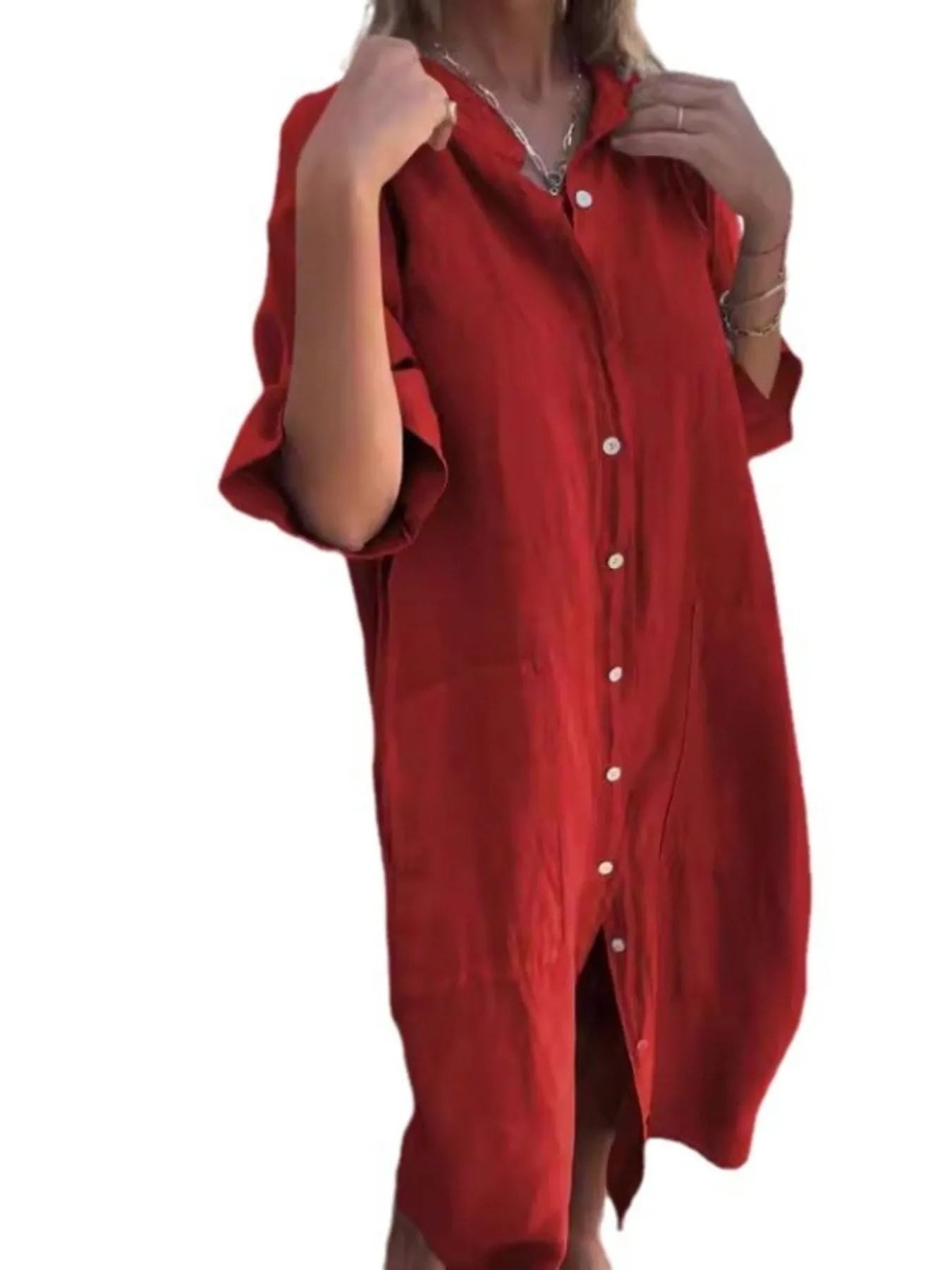 Full Size Casual Linen Button - Down Shirt Dress Plus Size - MAD RUFFI