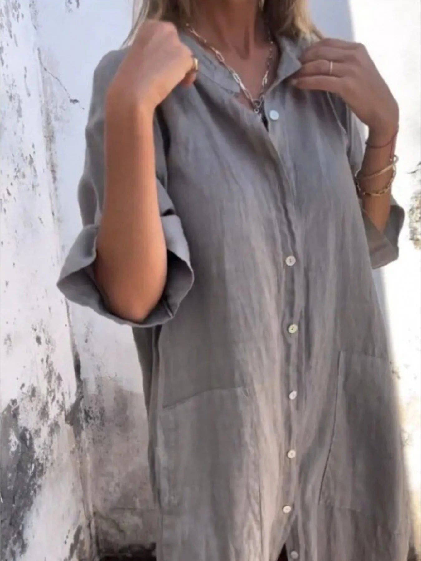 Full Size Casual Linen Button - Down Shirt Dress Plus Size - MAD RUFFI