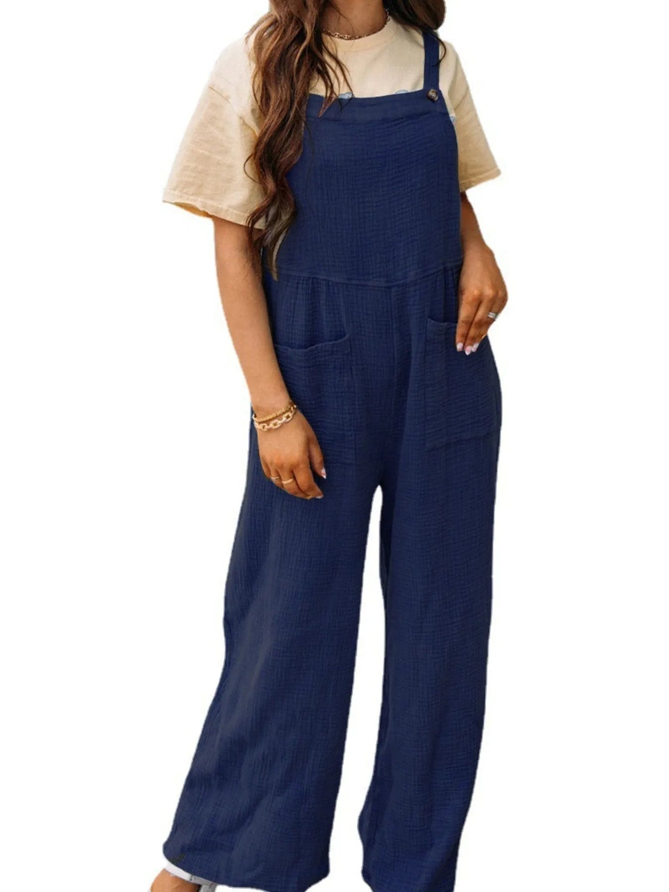 Full Size Casual Wide Leg Textured Overalls Plus Size - MAD RUFFI