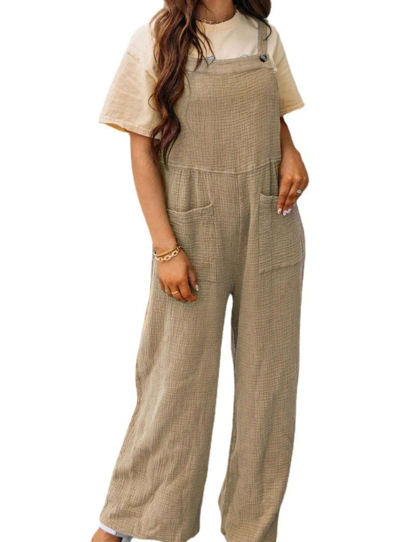Full Size Casual Wide Leg Textured Overalls Plus Size - MAD RUFFI