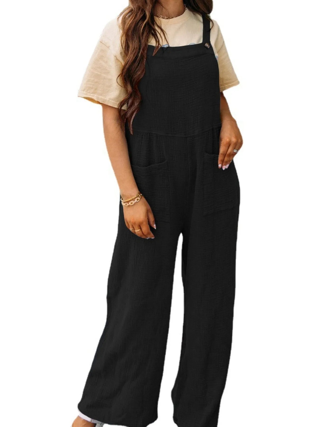 Full Size Casual Wide Leg Textured Overalls Plus Size - MAD RUFFI