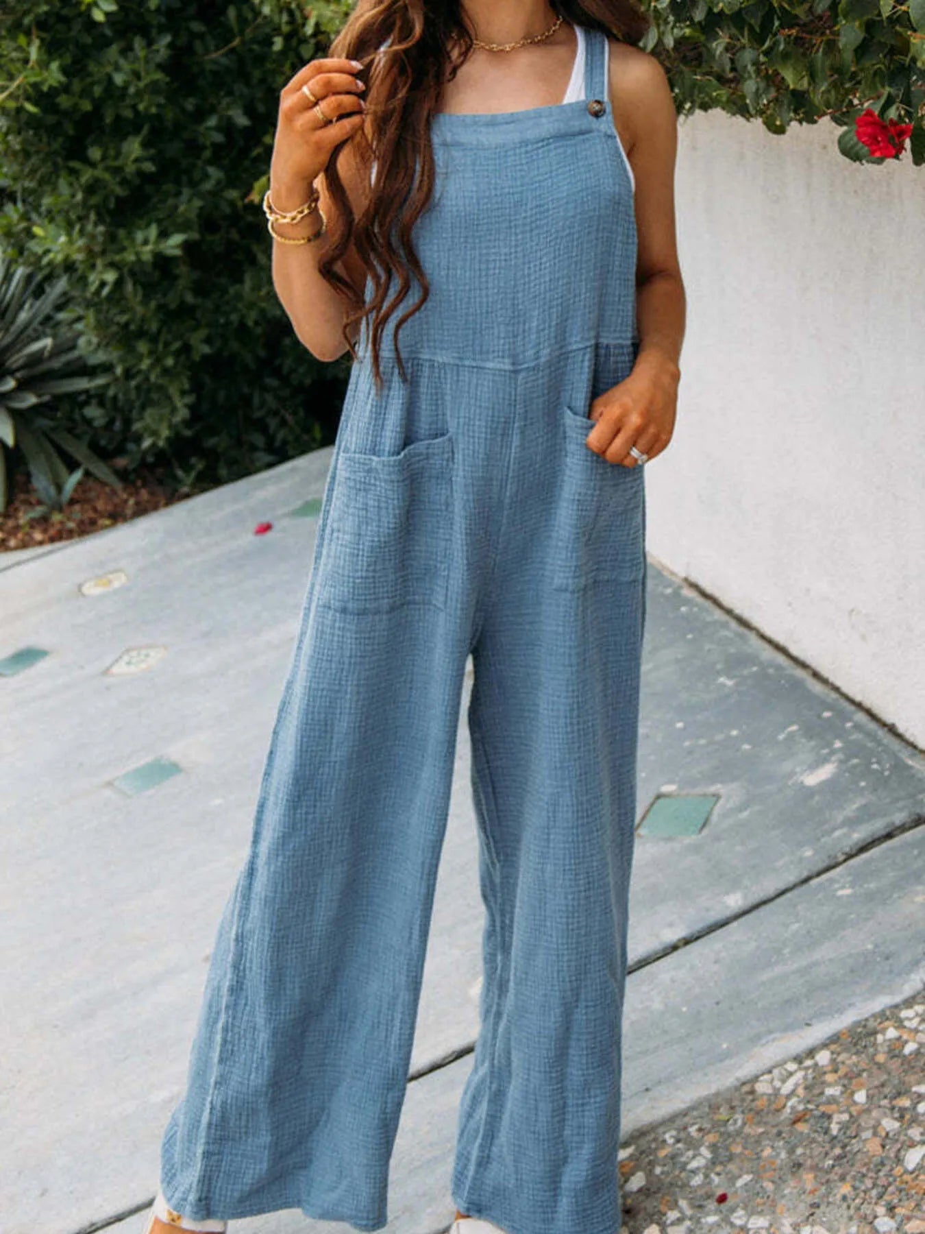 Full Size Casual Wide Leg Textured Overalls Plus Size - MAD RUFFI
