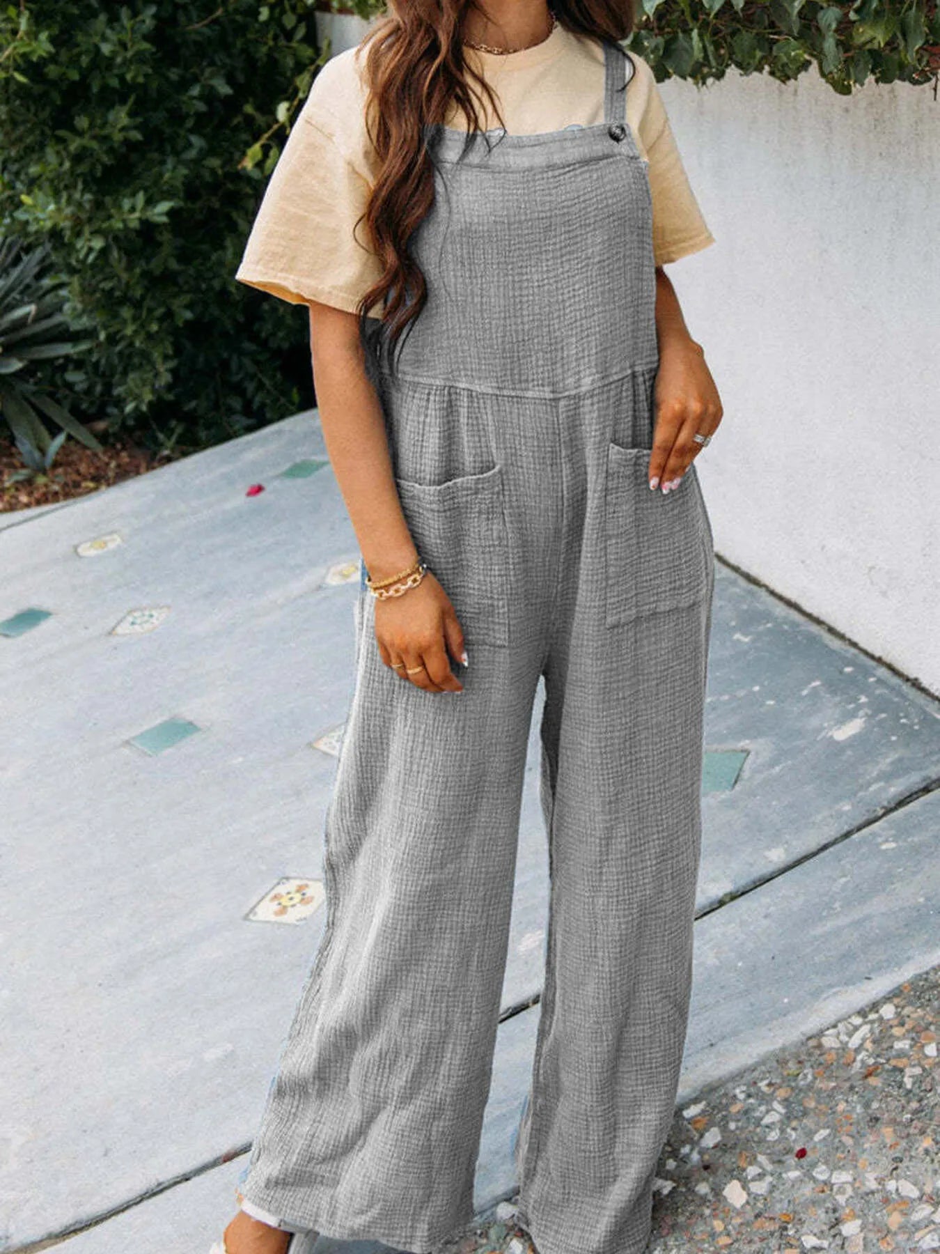 Full Size Casual Wide Leg Textured Overalls Plus Size - MAD RUFFI