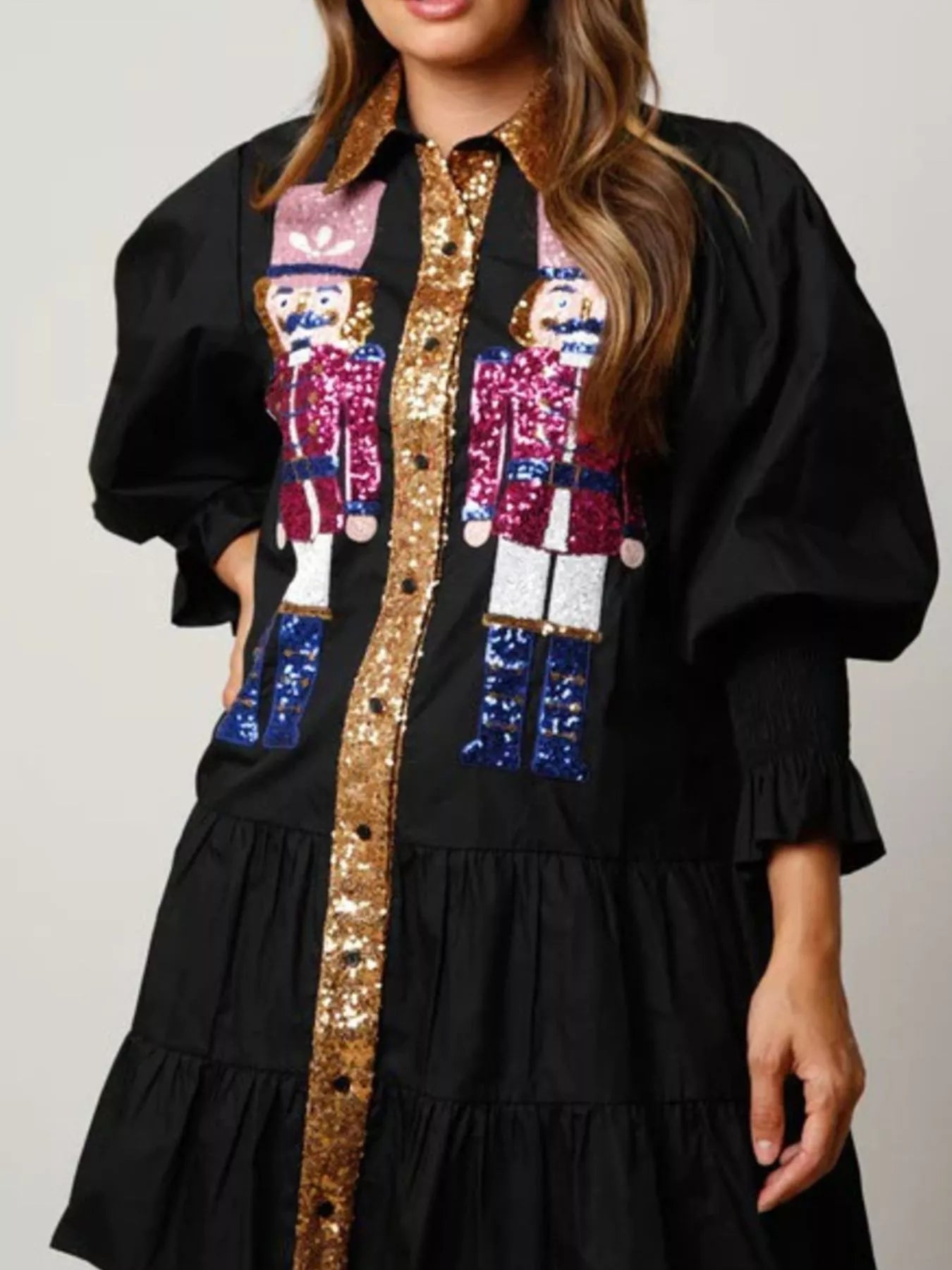 Full Size Christmas Sequin Nutcracker Tiered Shirt Dress Plus Size - MAD RUFFI