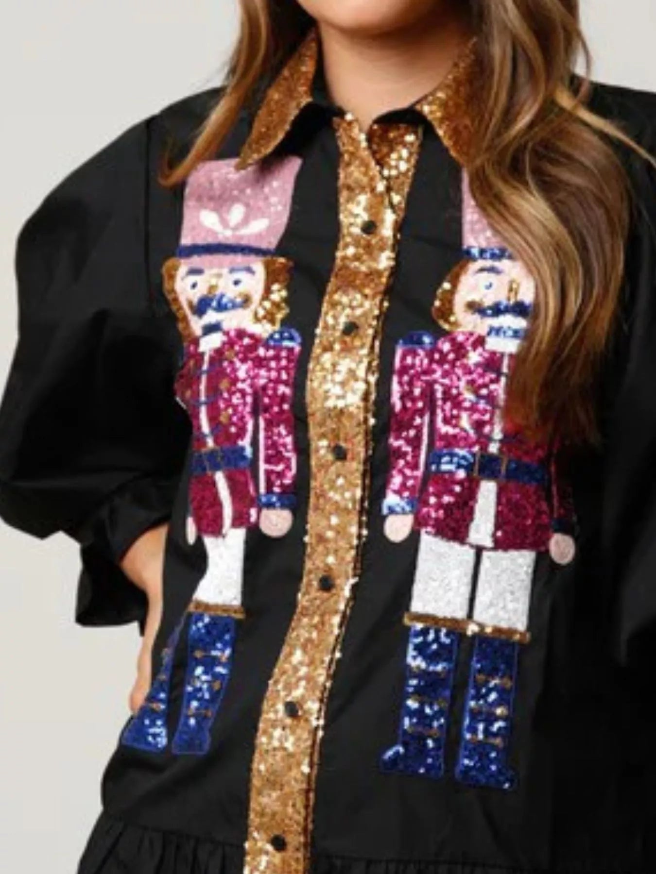 Full Size Christmas Sequin Nutcracker Tiered Shirt Dress Plus Size - MAD RUFFI