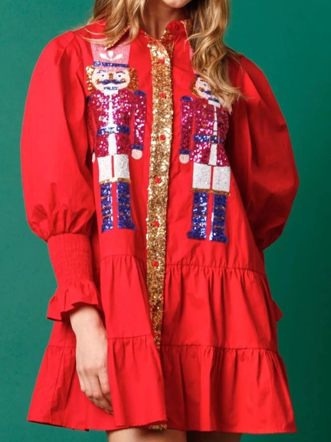 Full Size Christmas Sequin Nutcracker Tiered Shirt Dress Plus Size - MAD RUFFI
