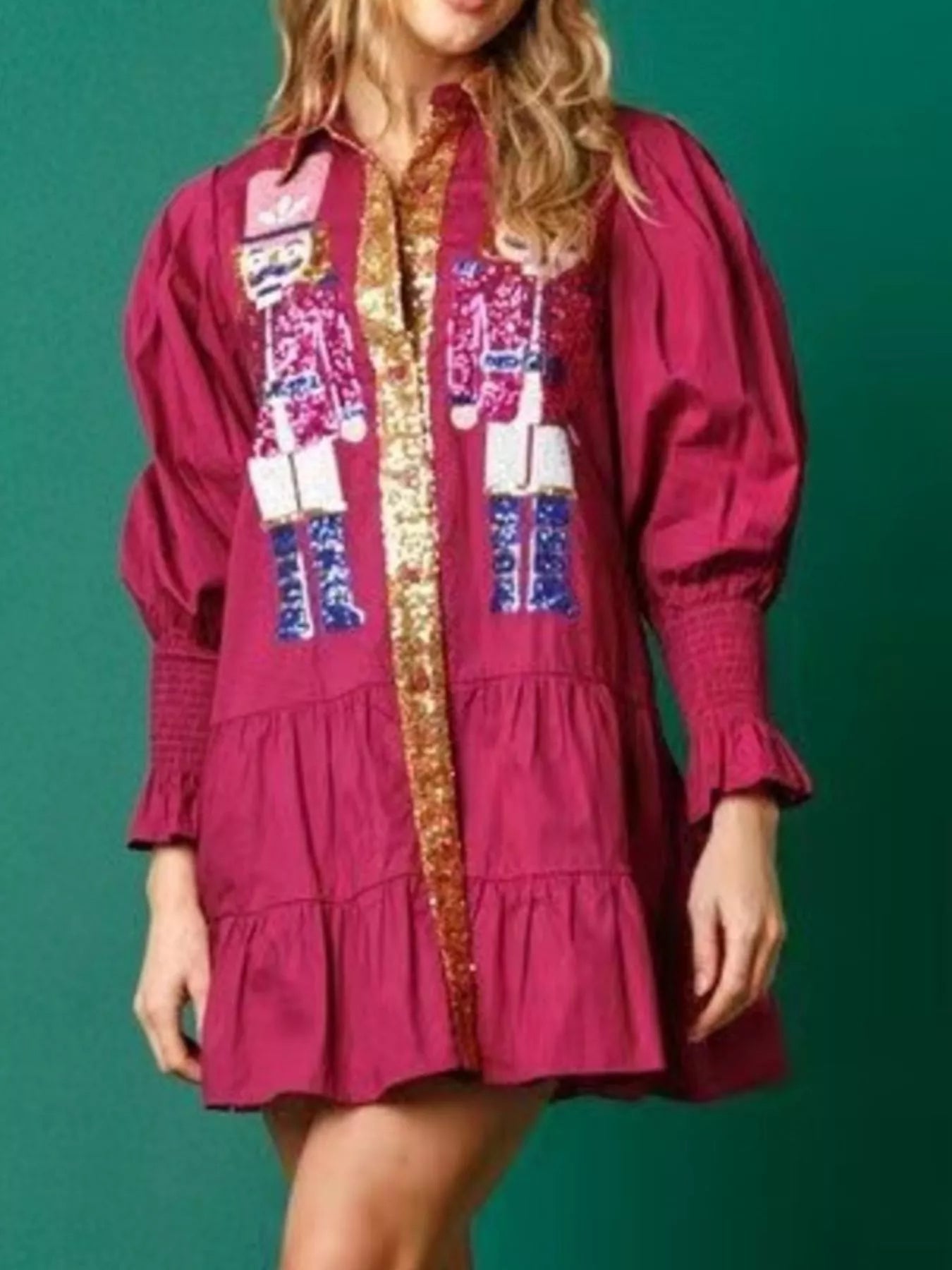 Full Size Christmas Sequin Nutcracker Tiered Shirt Dress Plus Size - MAD RUFFI