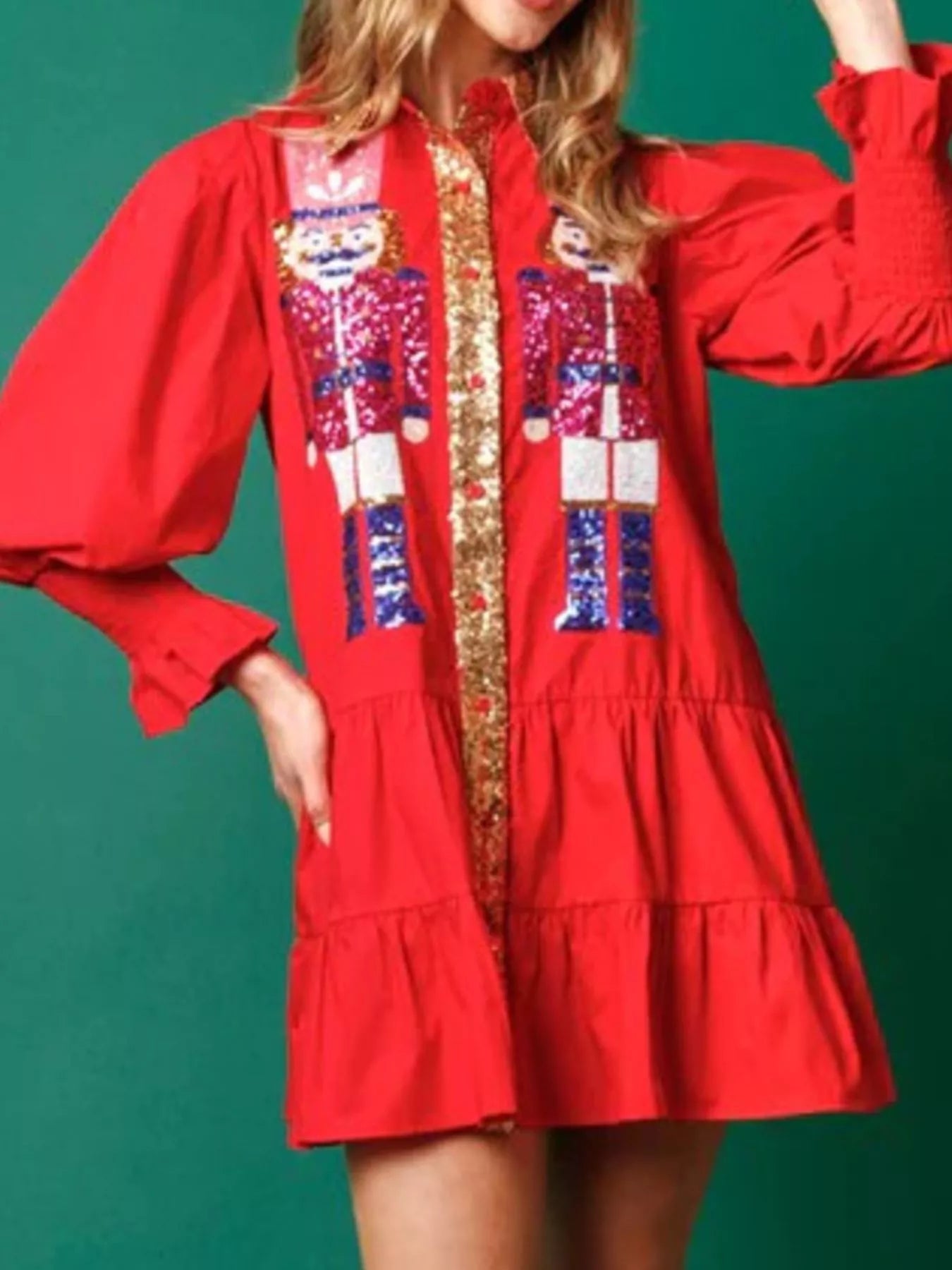 Full Size Christmas Sequin Nutcracker Tiered Shirt Dress Plus Size - MAD RUFFI