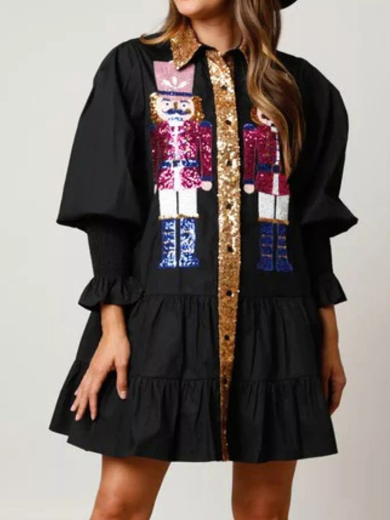Full Size Christmas Sequin Nutcracker Tiered Shirt Dress Plus Size - MAD RUFFI