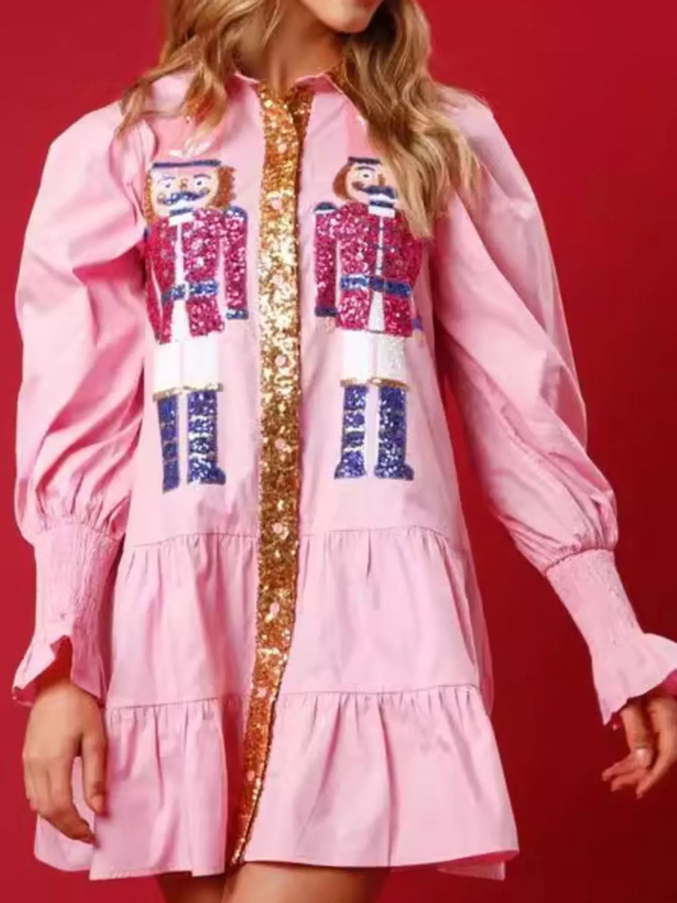 Full Size Christmas Sequin Nutcracker Tiered Shirt Dress Plus Size - MAD RUFFI