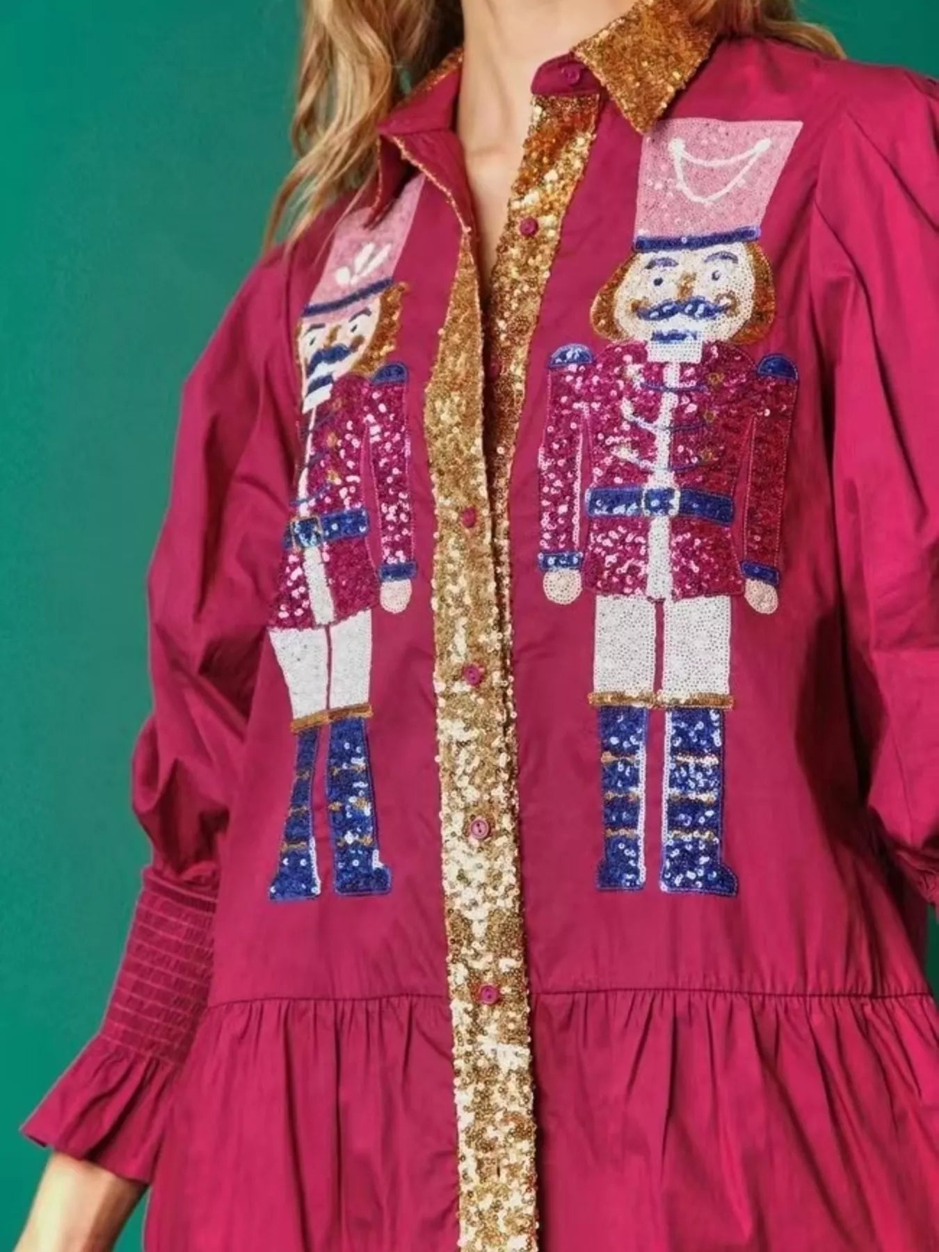 Full Size Christmas Sequin Nutcracker Tiered Shirt Dress Plus Size - MAD RUFFI