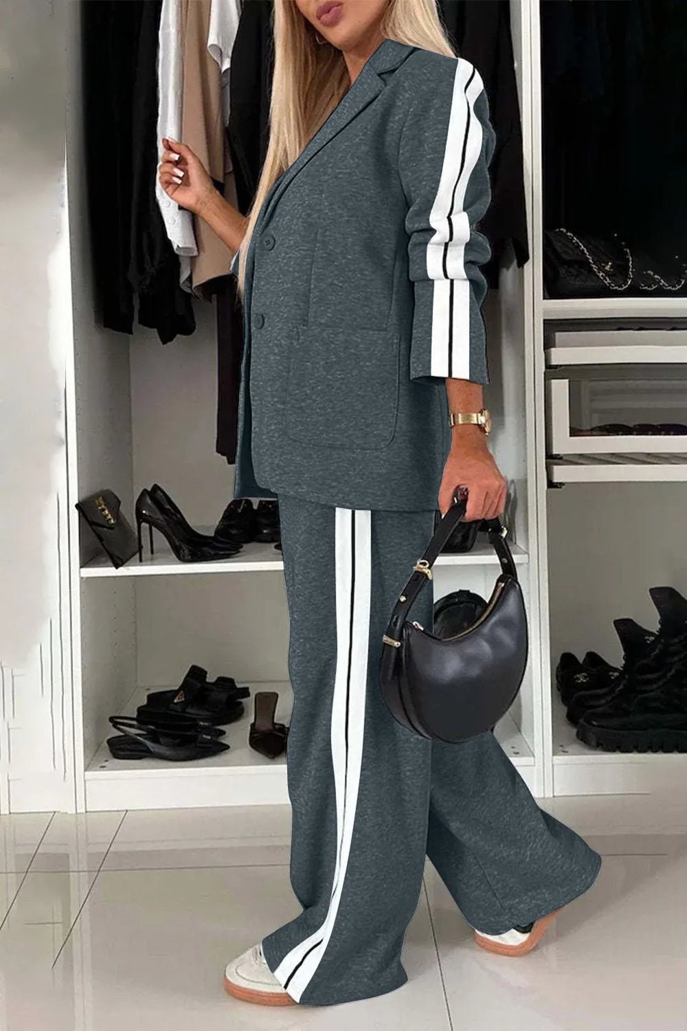 Full Size Contrast Lapel Collar Top and Pants Set - MAD RUFFI