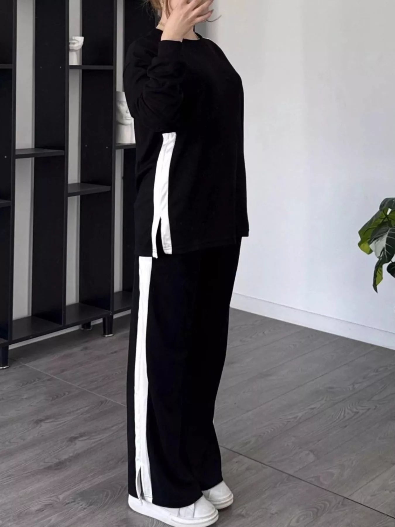 Full Size Contrast Round Neck Top and Pants Set Plus Size - MAD RUFFI