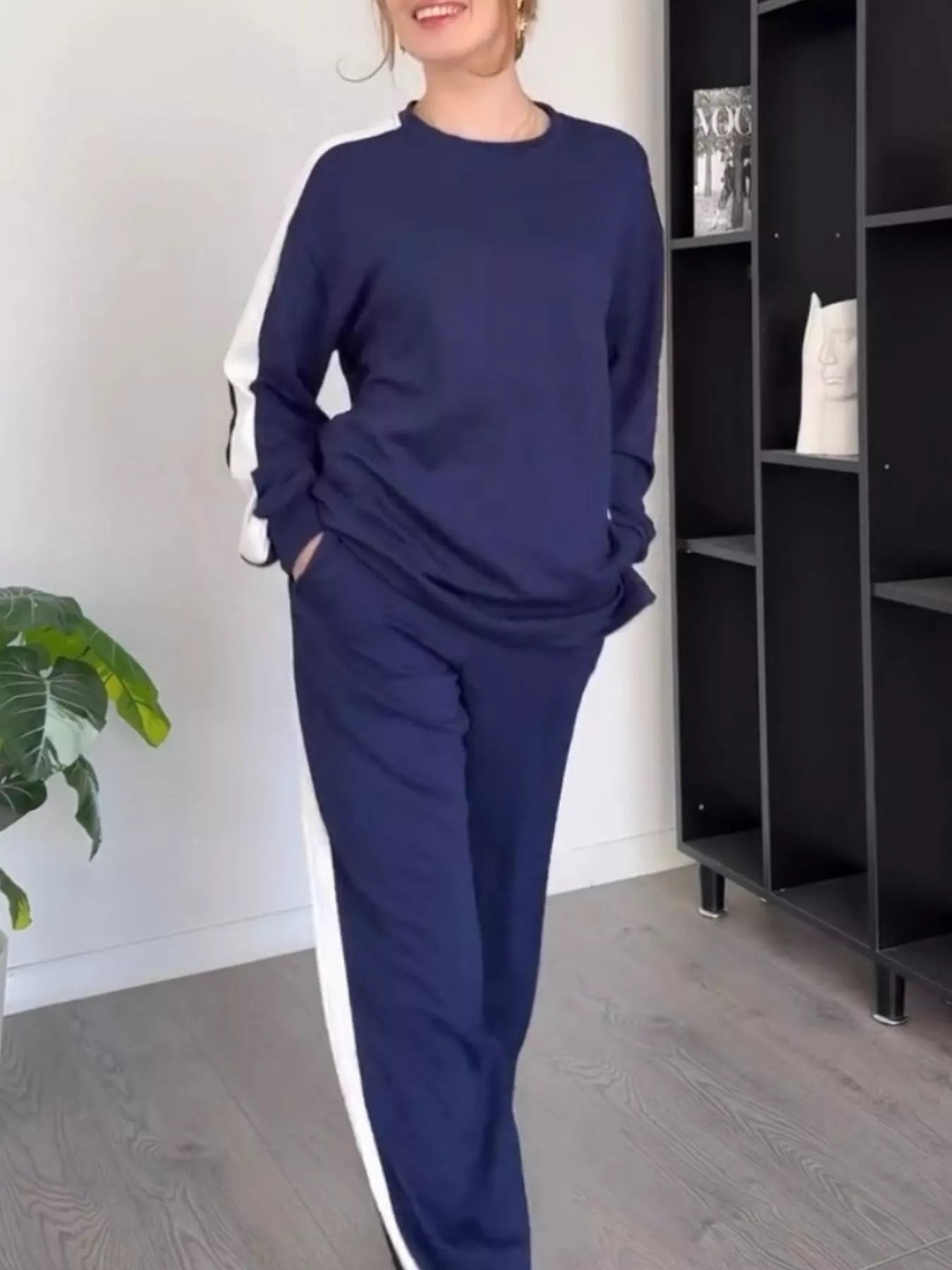 Full Size Contrast Round Neck Top and Pants Set Plus Size - MAD RUFFI