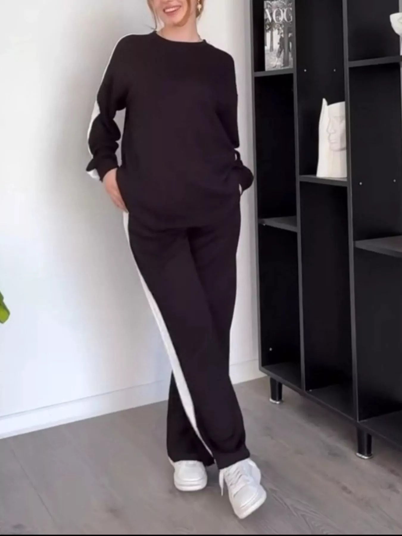 Full Size Contrast Round Neck Top and Pants Set Plus Size - MAD RUFFI