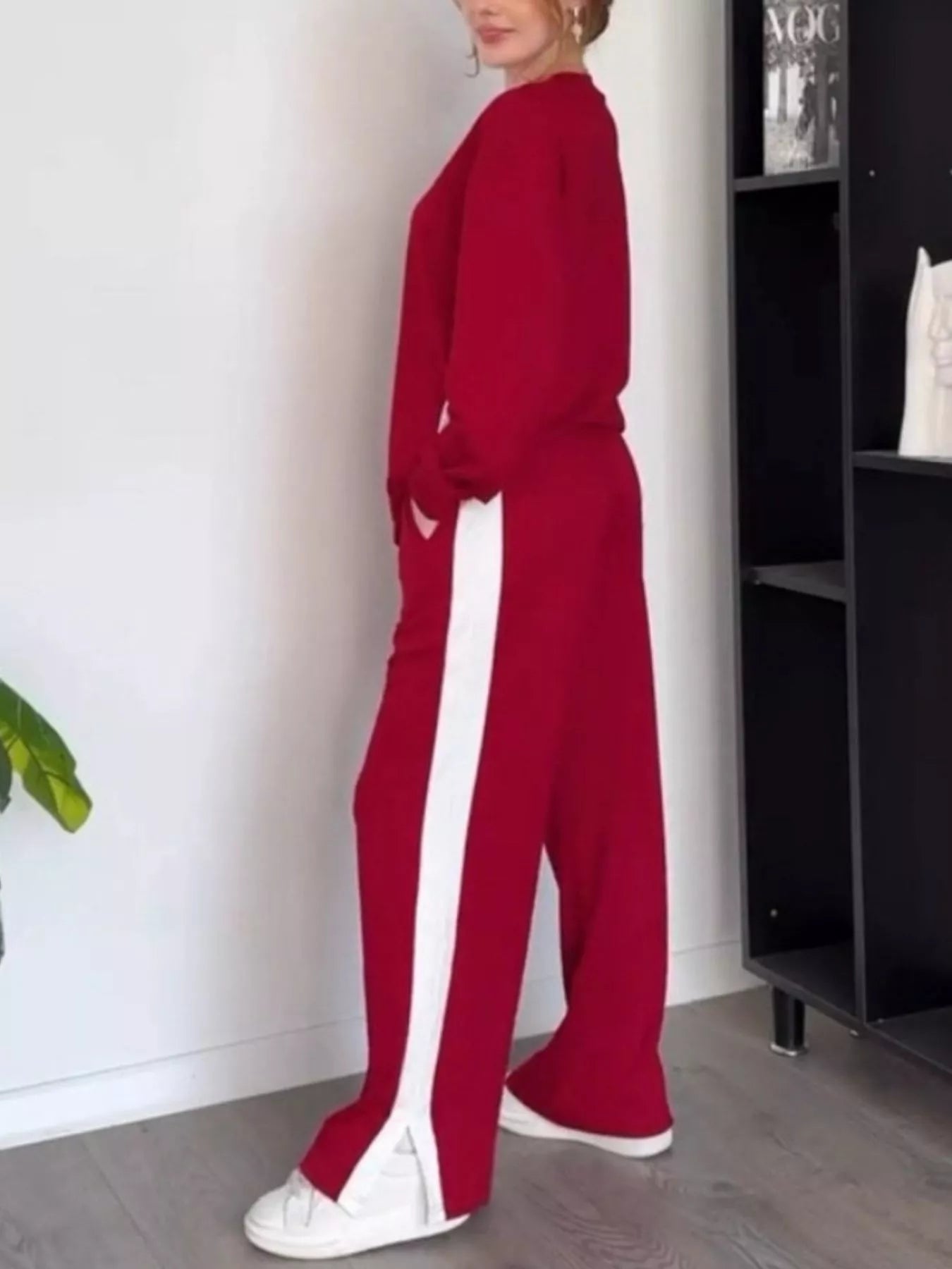 Full Size Contrast Round Neck Top and Pants Set Plus Size - MAD RUFFI