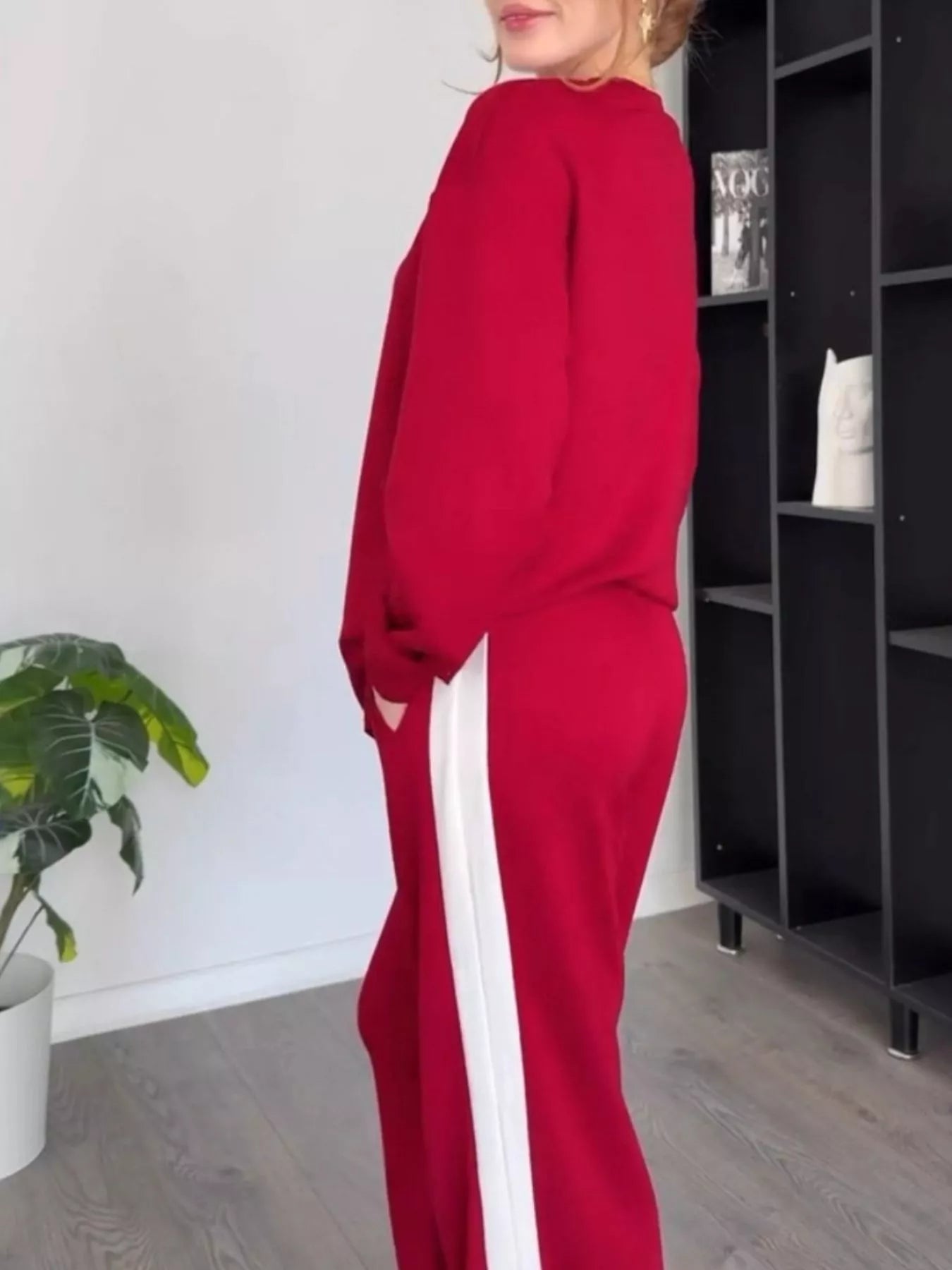 Full Size Contrast Round Neck Top and Pants Set Plus Size - MAD RUFFI