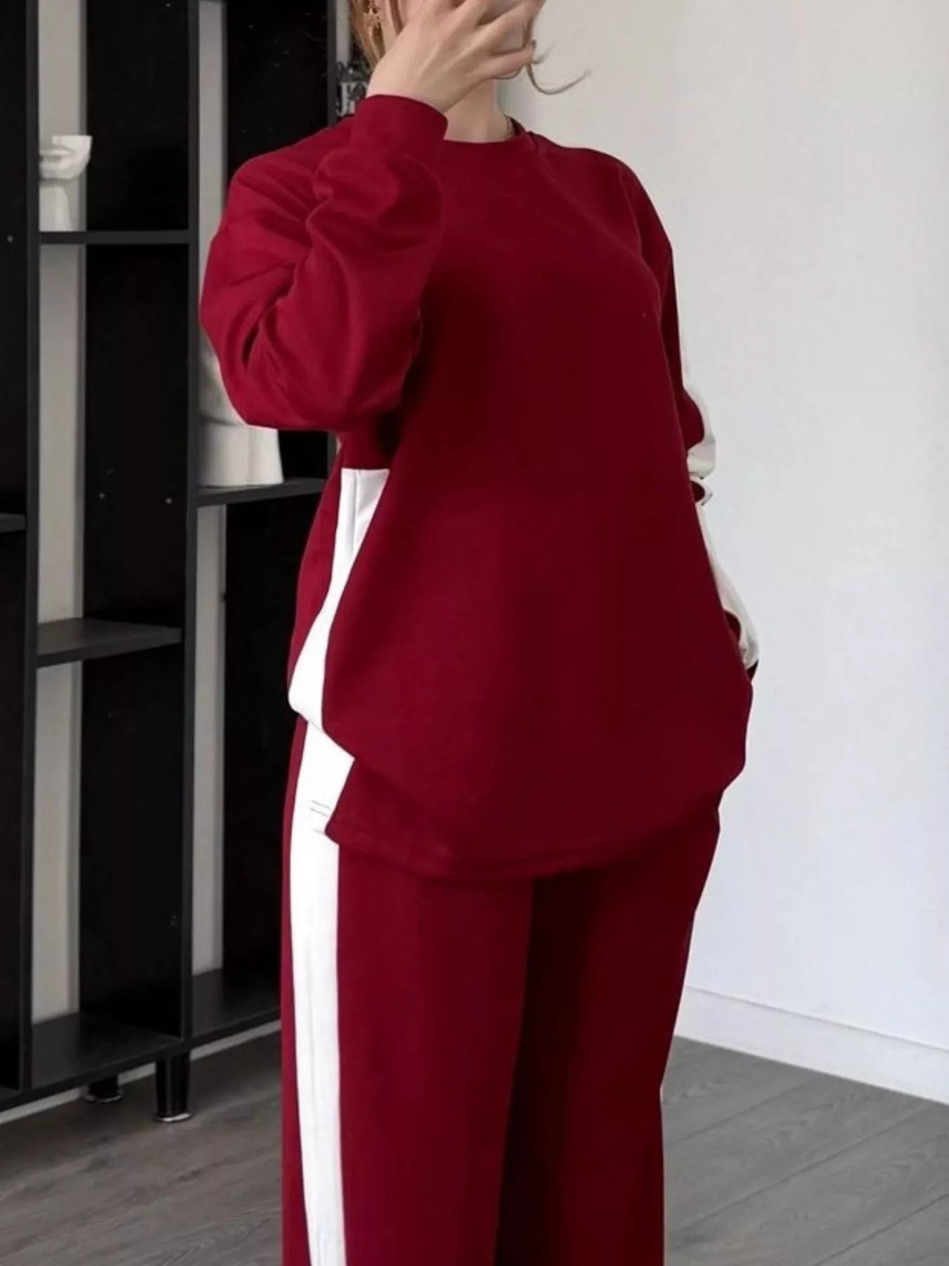 Full Size Contrast Round Neck Top and Pants Set Plus Size - MAD RUFFI