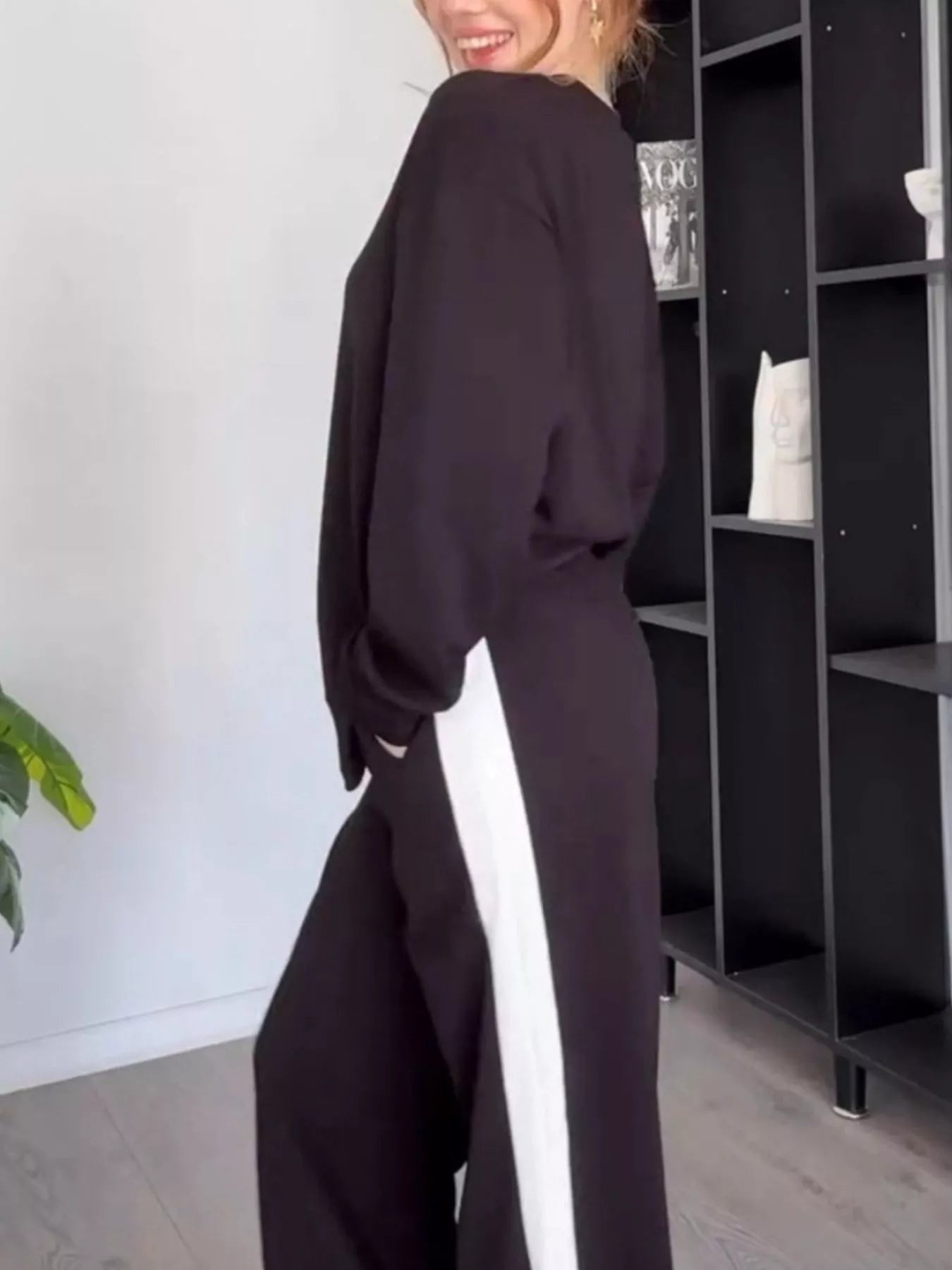 Full Size Contrast Round Neck Top and Pants Set Plus Size - MAD RUFFI