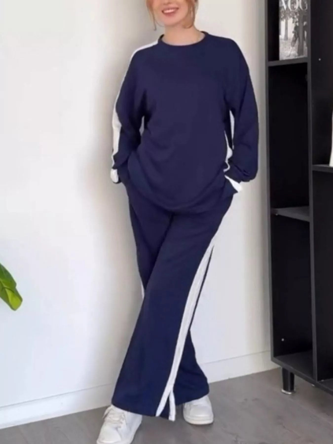 Full Size Contrast Round Neck Top and Pants Set Plus Size - MAD RUFFI