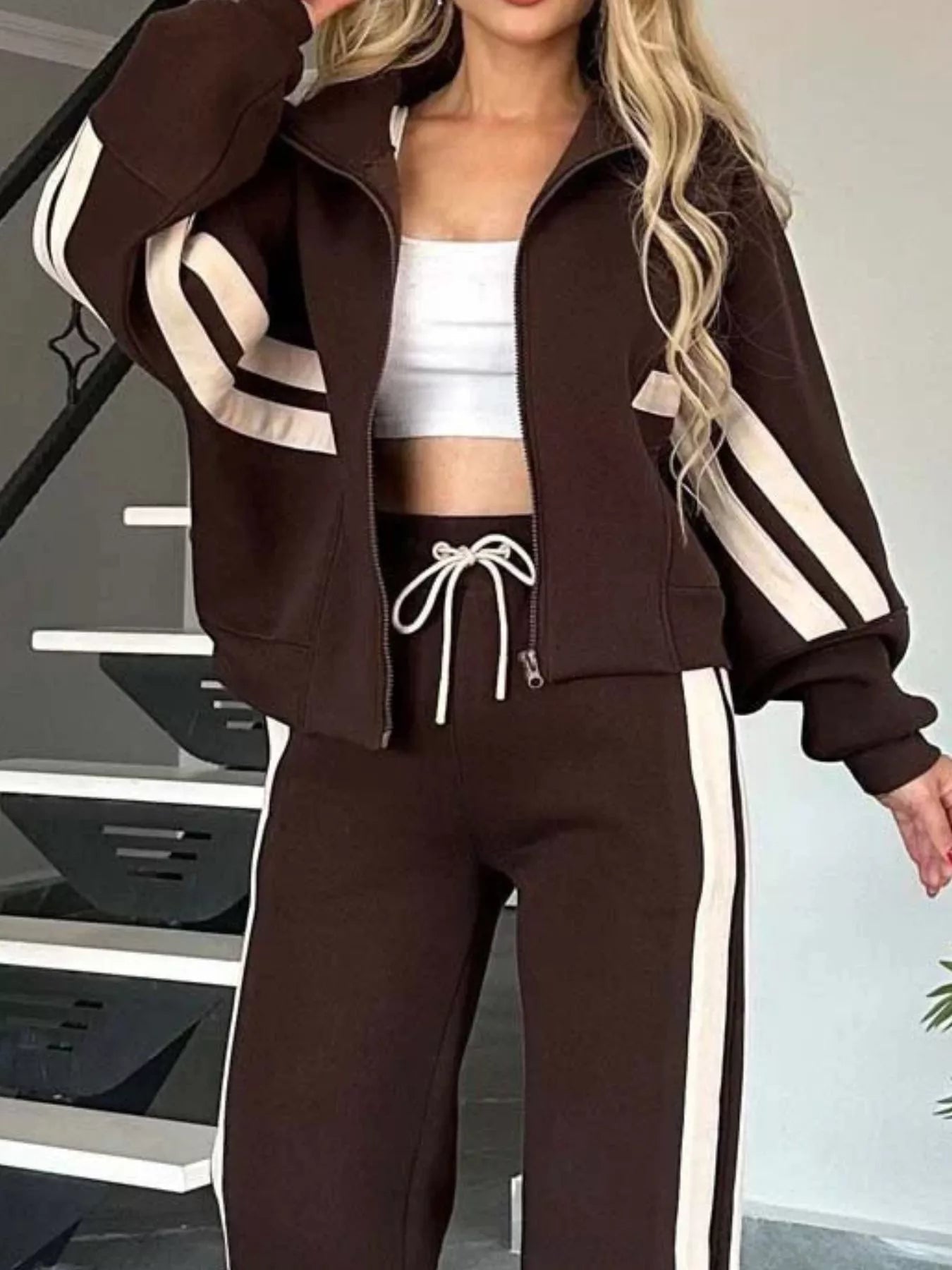 Full Size Contrast Stripe Zip Up Jacket and Pants Set Plus Size - MAD RUFFI