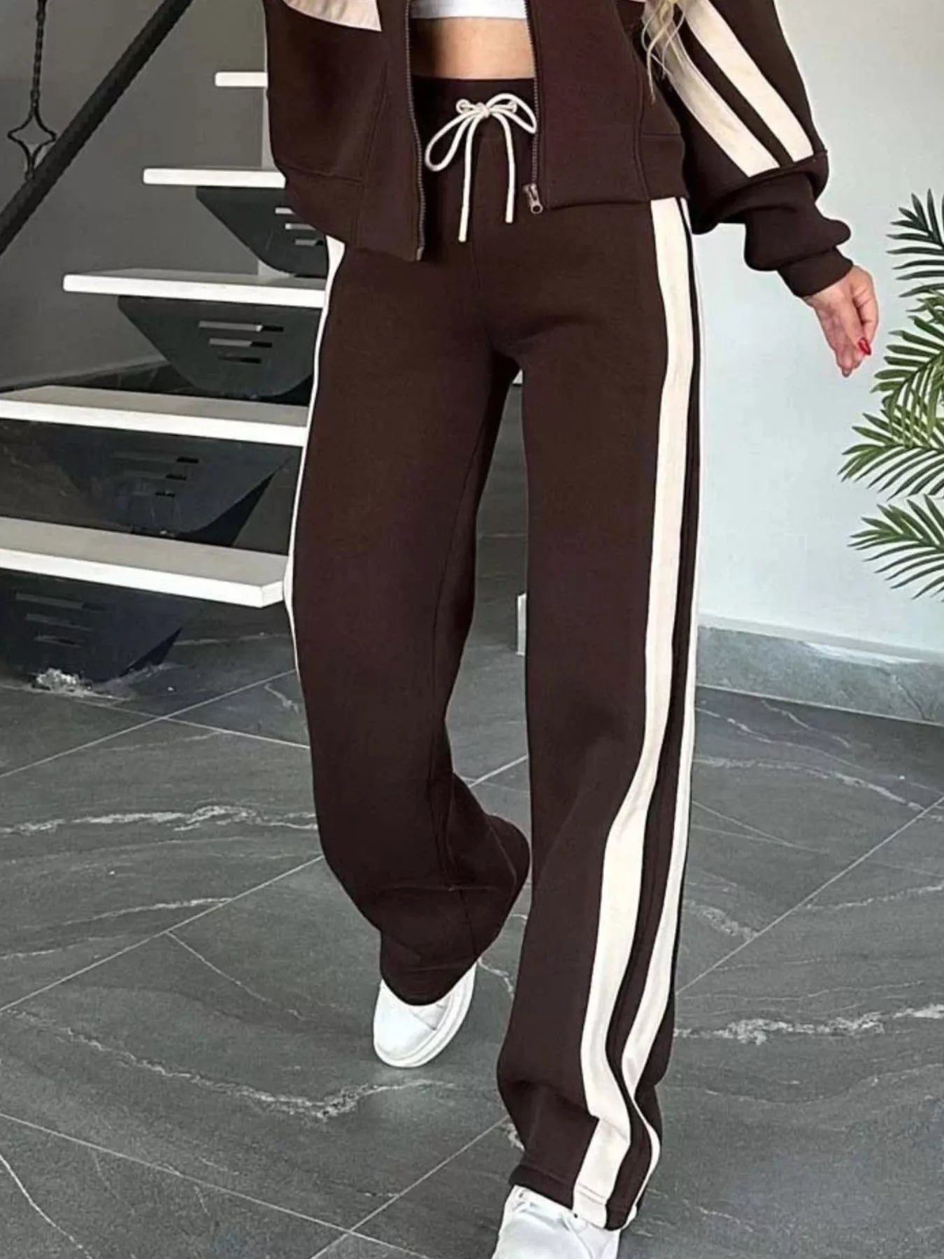 Full Size Contrast Stripe Zip Up Jacket and Pants Set Plus Size - MAD RUFFI