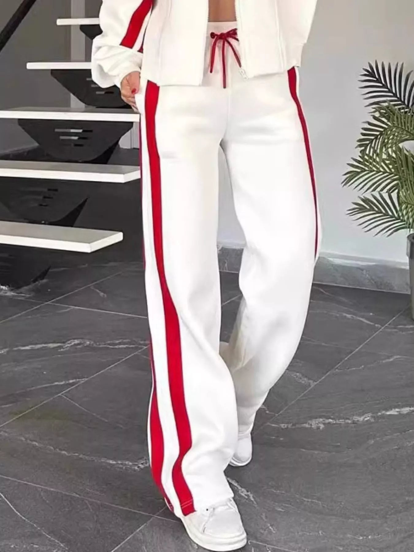 Full Size Contrast Stripe Zip Up Jacket and Pants Set Plus Size - MAD RUFFI