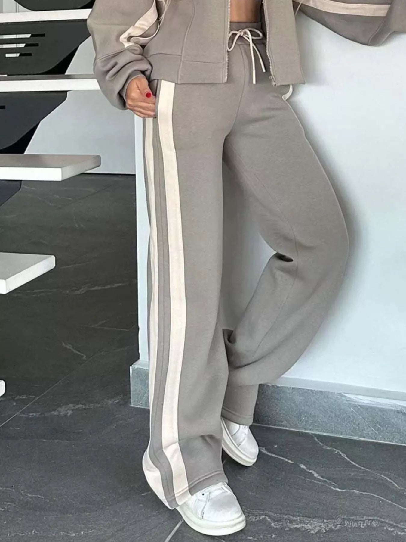 Full Size Contrast Stripe Zip Up Jacket and Pants Set Plus Size - MAD RUFFI