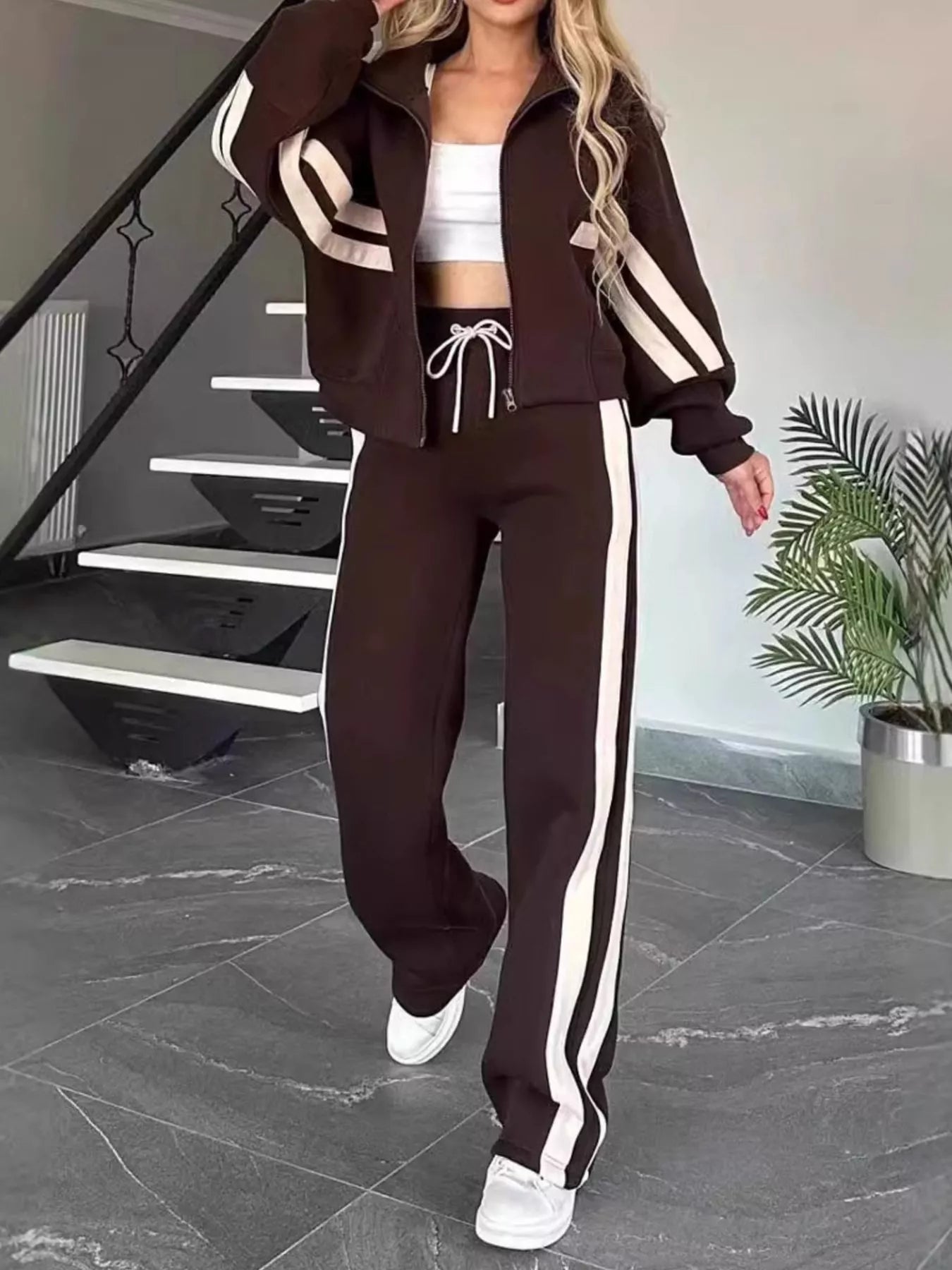 Full Size Contrast Stripe Zip Up Jacket and Pants Set Plus Size - MAD RUFFI
