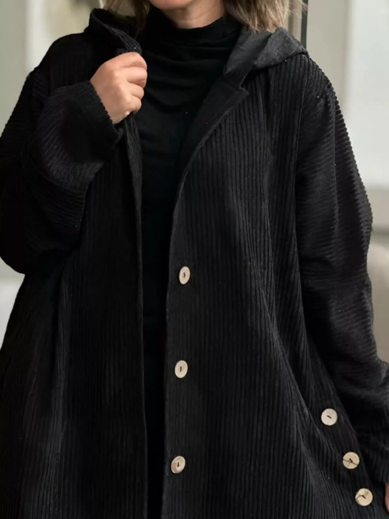 Full Size Corduroy Hooded Button - Up Jacket Plus Size - MAD RUFFI