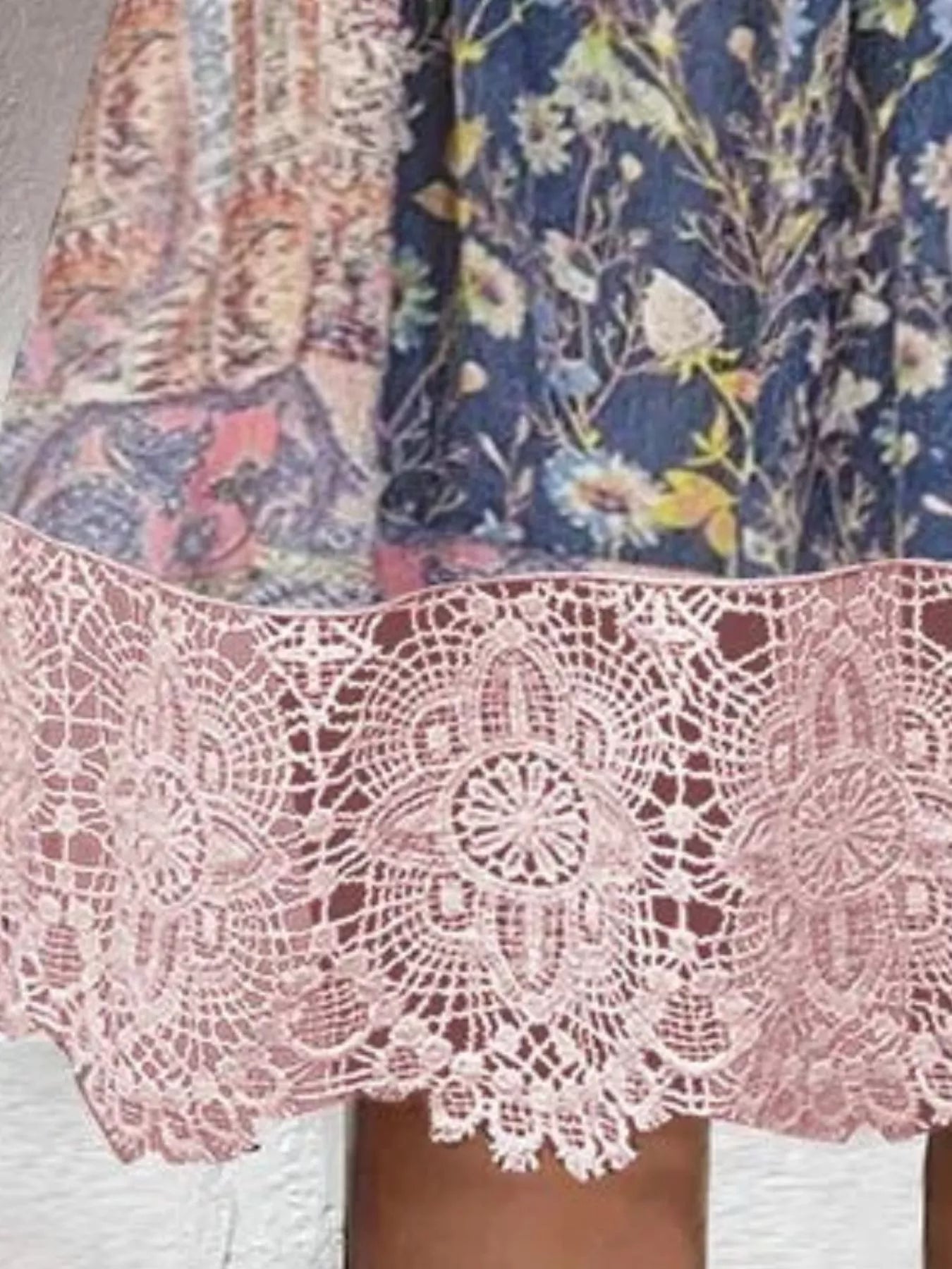 Full Size Floral Lace Trim V - Neck Dress Plus Size - MAD RUFFI