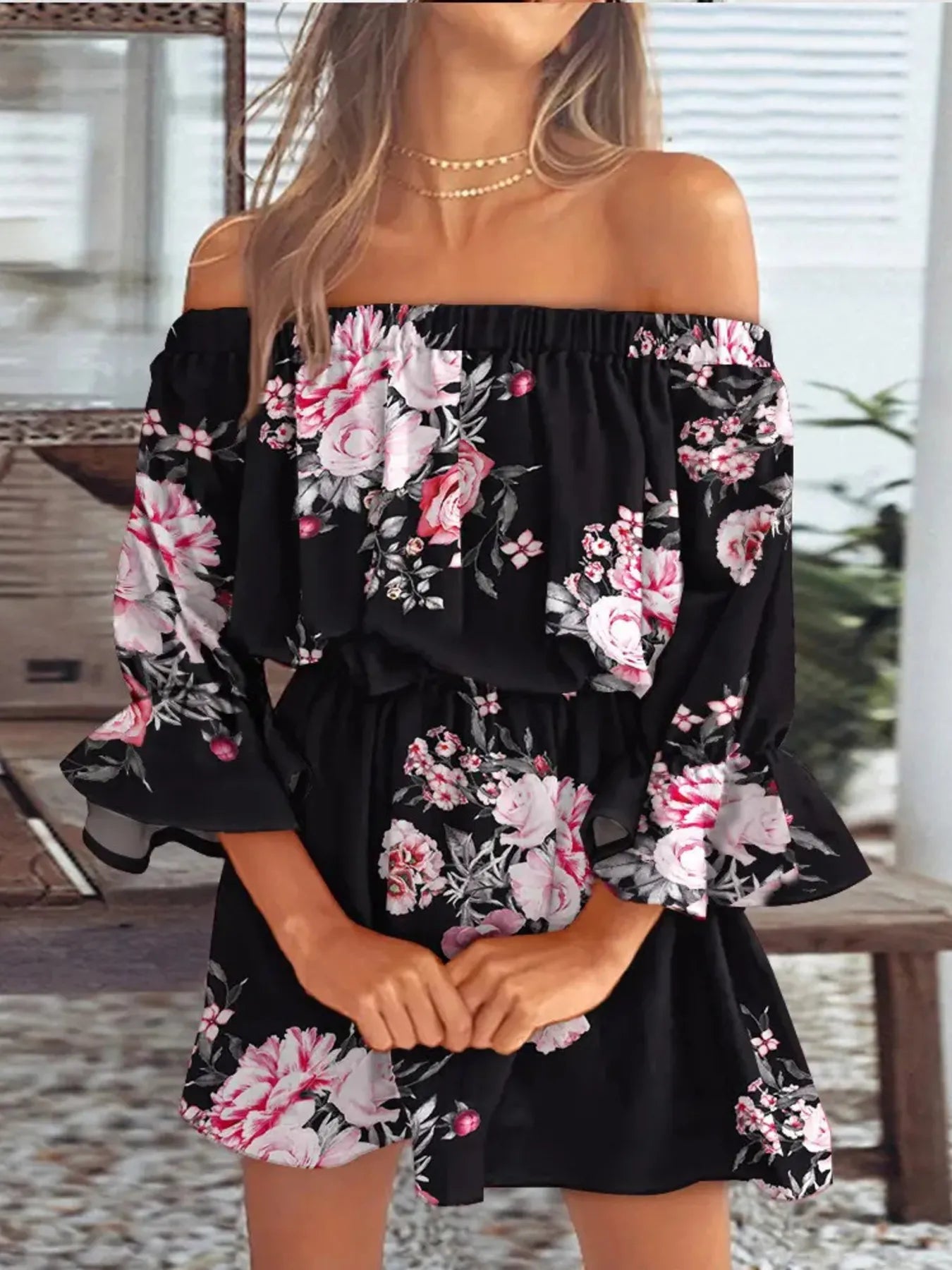 Full Size Floral Off - Shoulder Flounce Sleeve Mini Dress Plus Size - MAD RUFFI
