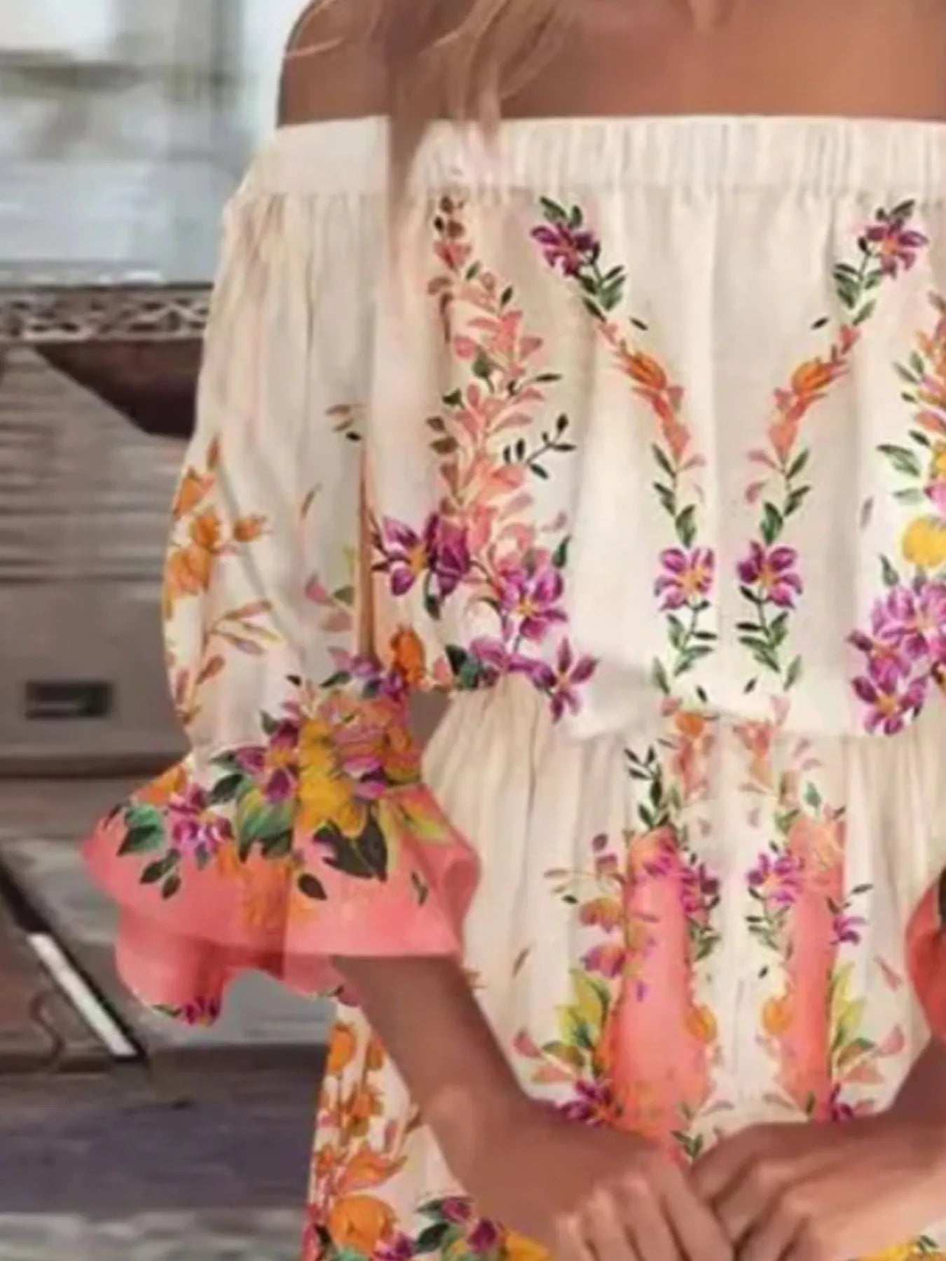 Full Size Floral Off - Shoulder Flounce Sleeve Mini Dress Plus Size - MAD RUFFI