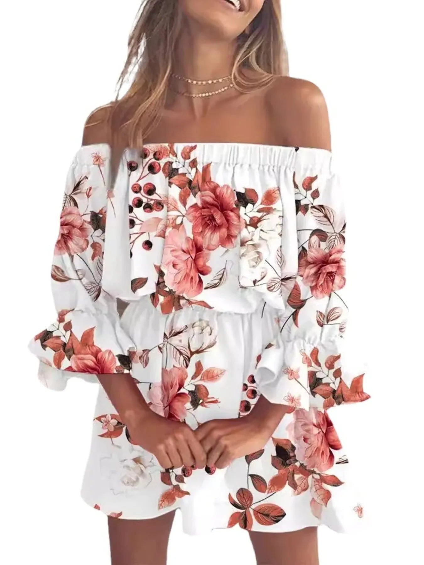 Full Size Floral Off - Shoulder Flounce Sleeve Mini Dress Plus Size - MAD RUFFI