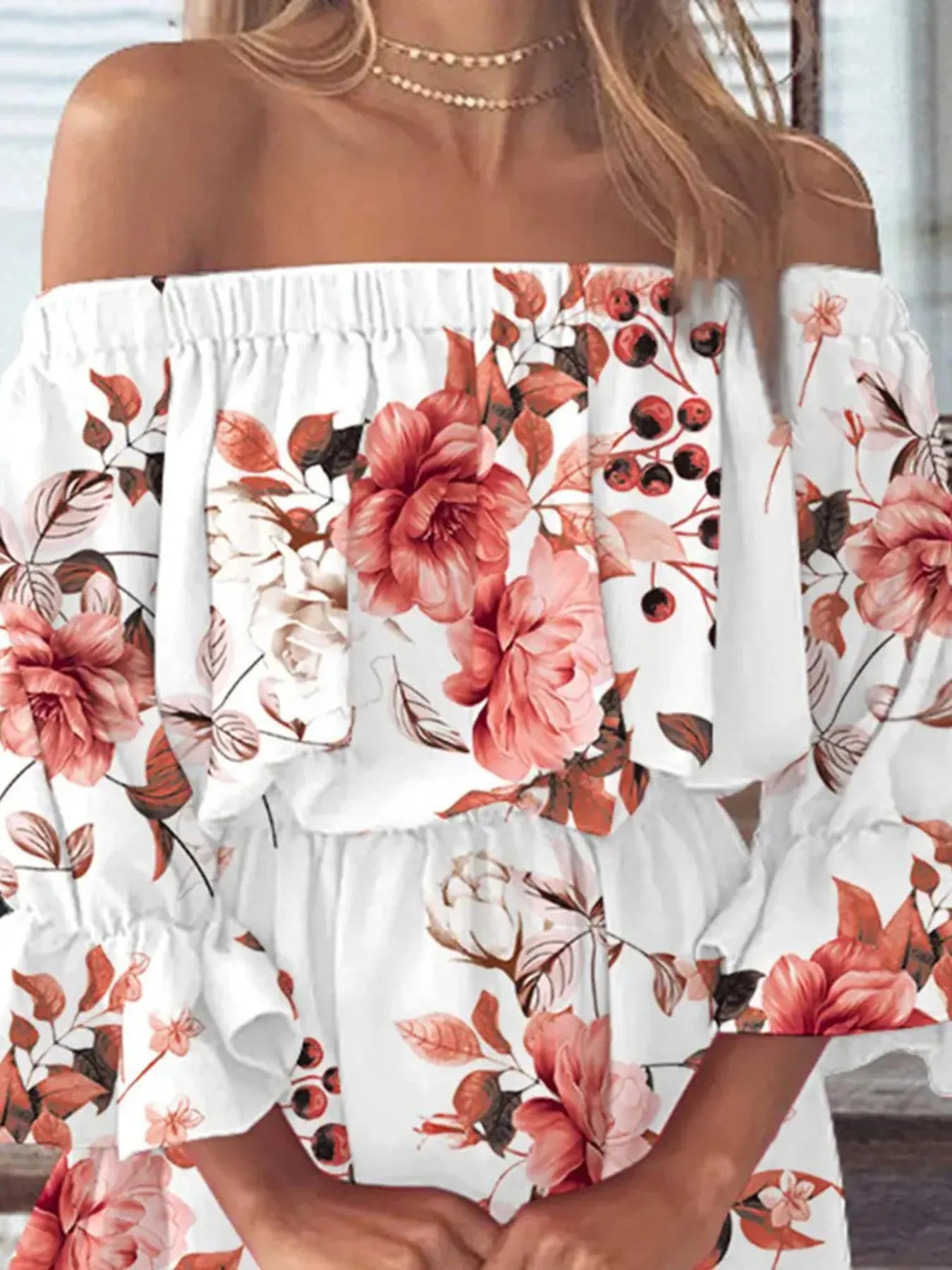 Full Size Floral Off - Shoulder Flounce Sleeve Mini Dress Plus Size - MAD RUFFI