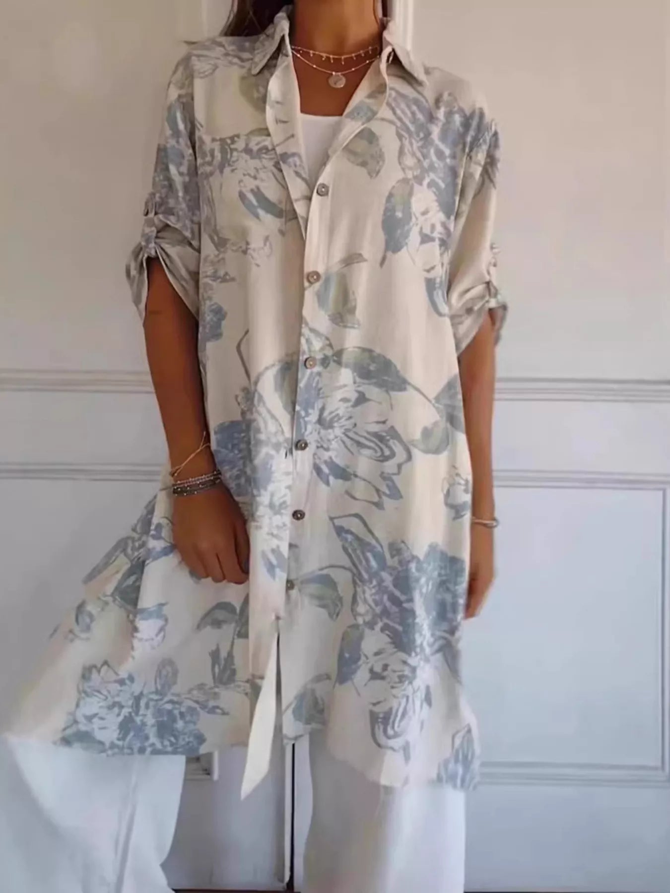 Full Size Floral Print Button - Up Shirt Dress Plus Size - MAD RUFFI