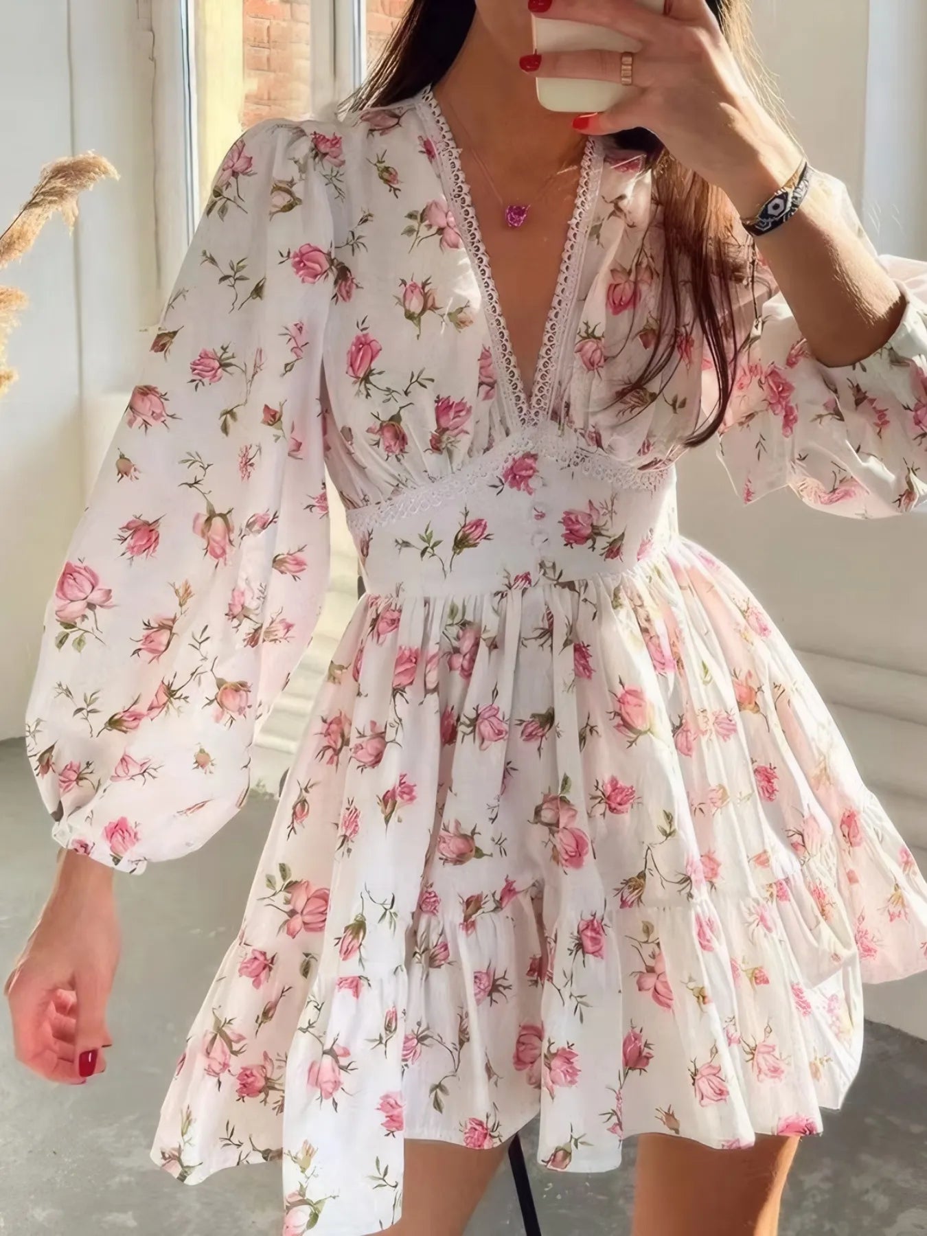 Full Size Floral Print Lace Detail V - Neck Mini Dress Plus SIze - MAD RUFFI