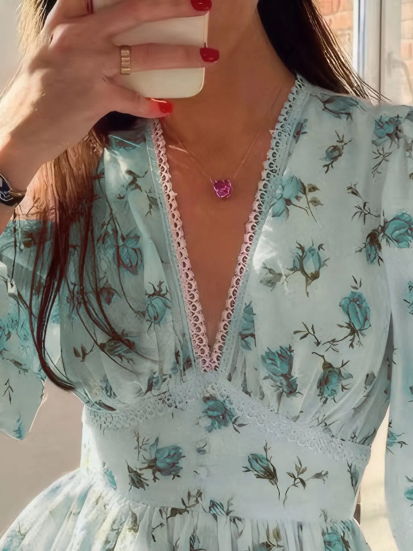 Full Size Floral Print Lace Detail V - Neck Mini Dress Plus SIze - MAD RUFFI