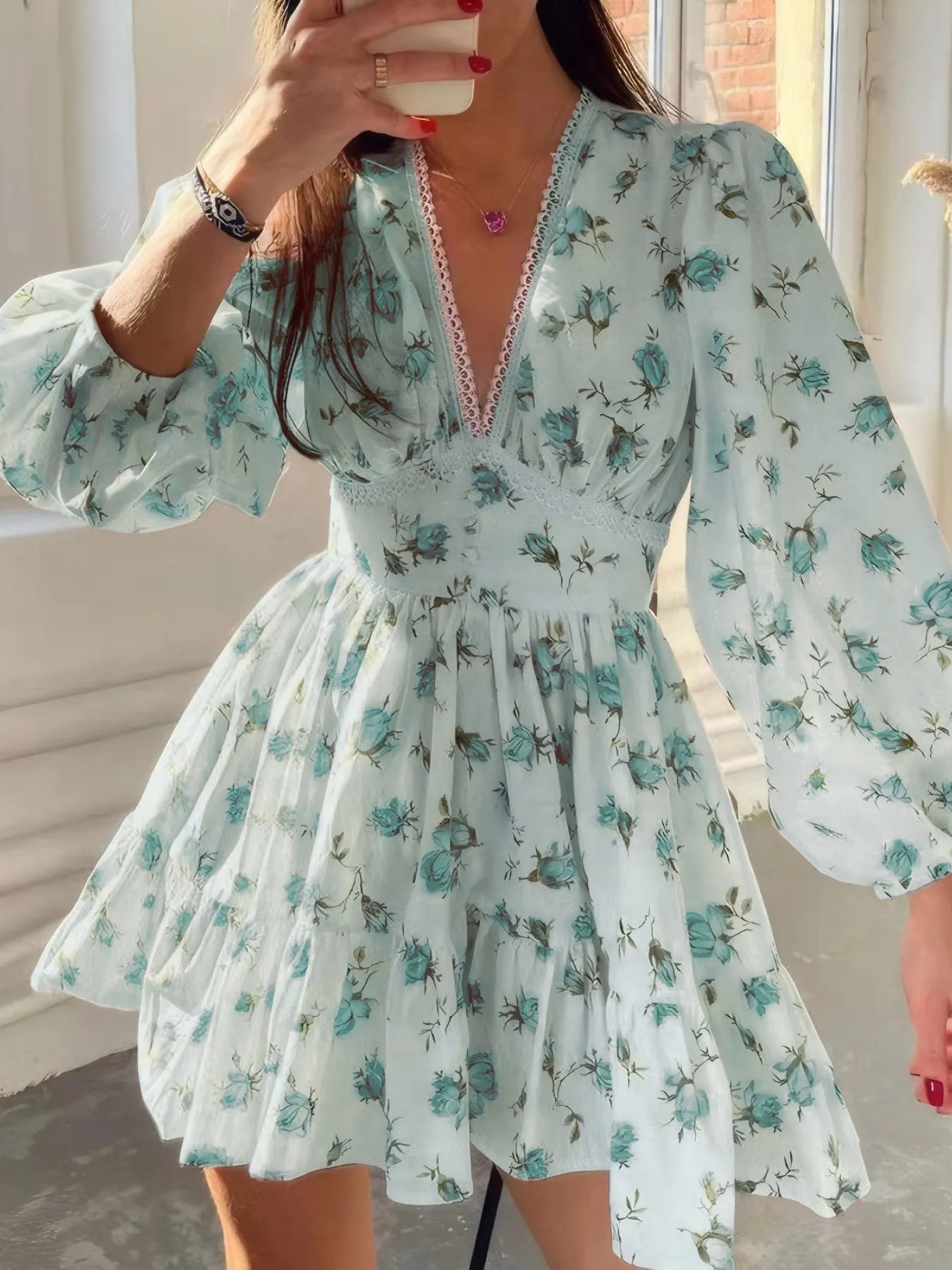 Full Size Floral Print Lace Detail V - Neck Mini Dress Plus SIze - MAD RUFFI