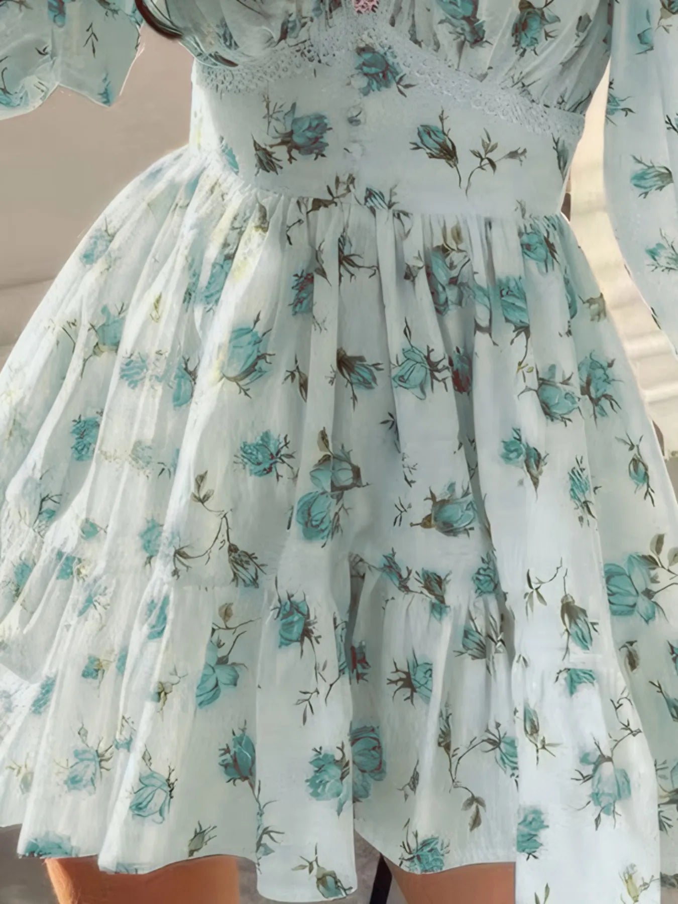 Full Size Floral Print Lace Detail V - Neck Mini Dress Plus SIze - MAD RUFFI