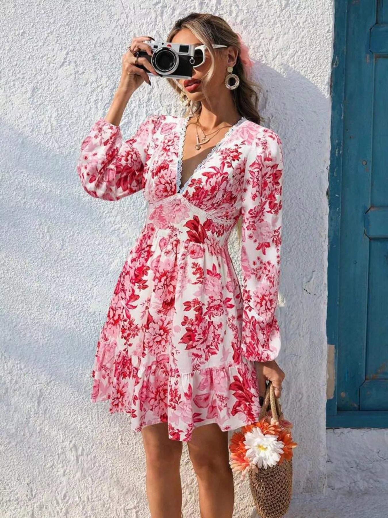 floral mini dress plus size Full Size Floral Print V - Neck Long Sleeve Ruffle Hem Mini Dress Plus Size