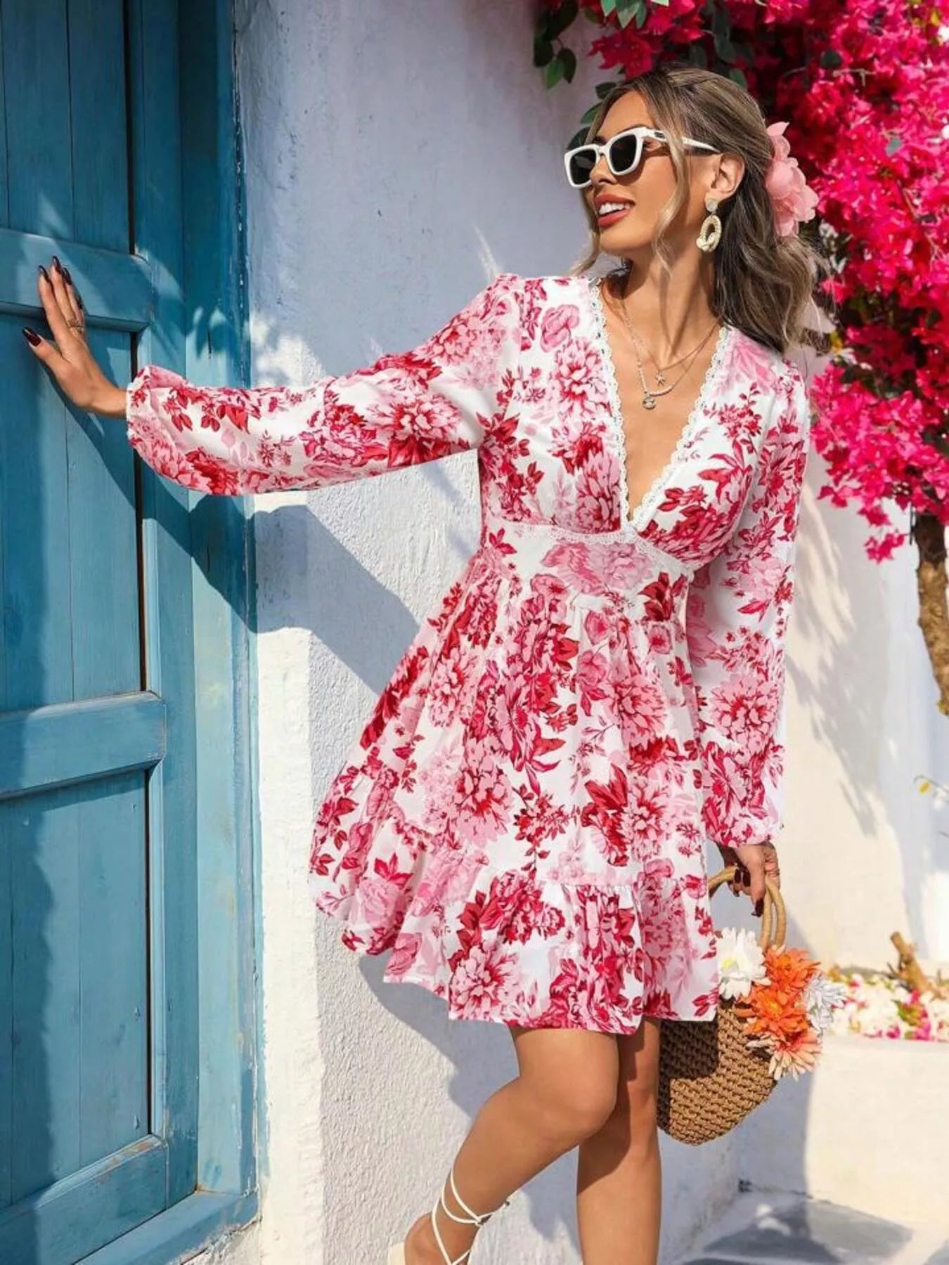 Full Size Floral Print V - Neck Long Sleeve Ruffle Hem Mini Dress Plus Size - MAD RUFFI Full Size Floral Print V - Neck Long Sleeve Ruffle Hem Mini Dress Plus Size - MAD RUFFI