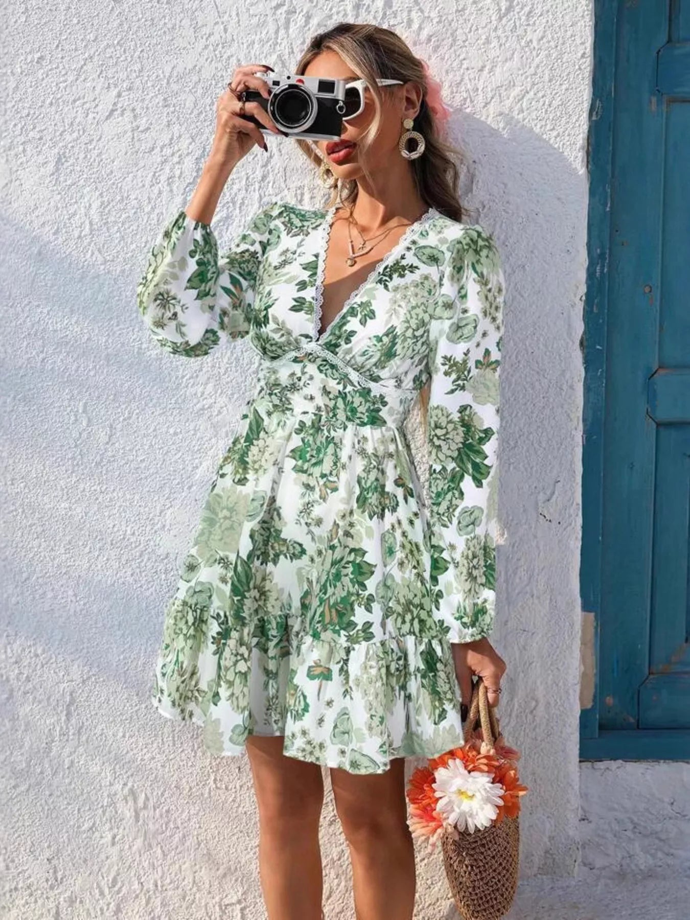 mini plus size floral dress Full Size Floral Print V - Neck Long Sleeve Ruffle Hem Mini Dress Plus Size