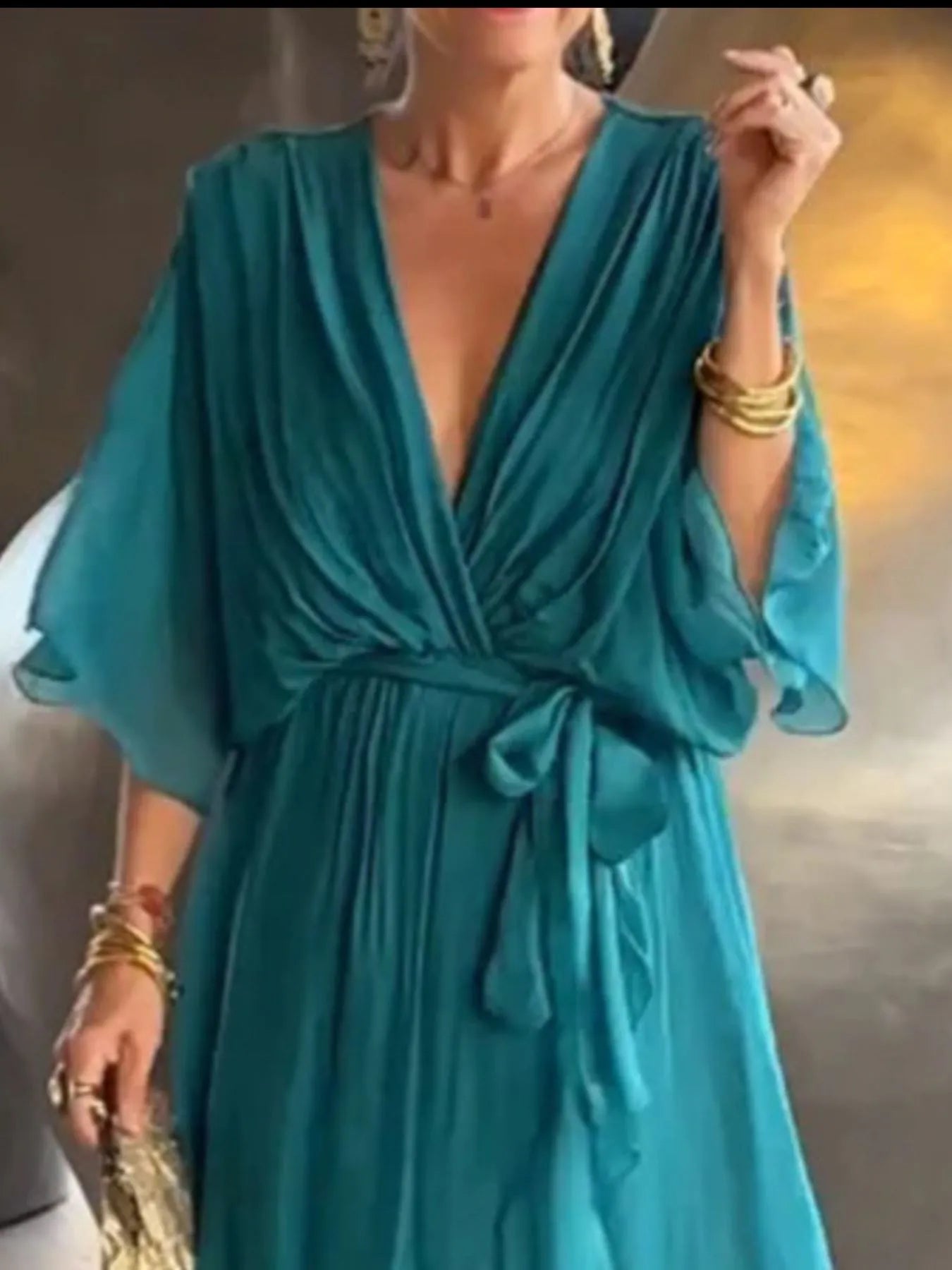 Full Size Flowy Tie Front Midi Dress with Flutter Sleeves Plus Size - MAD RUFFI