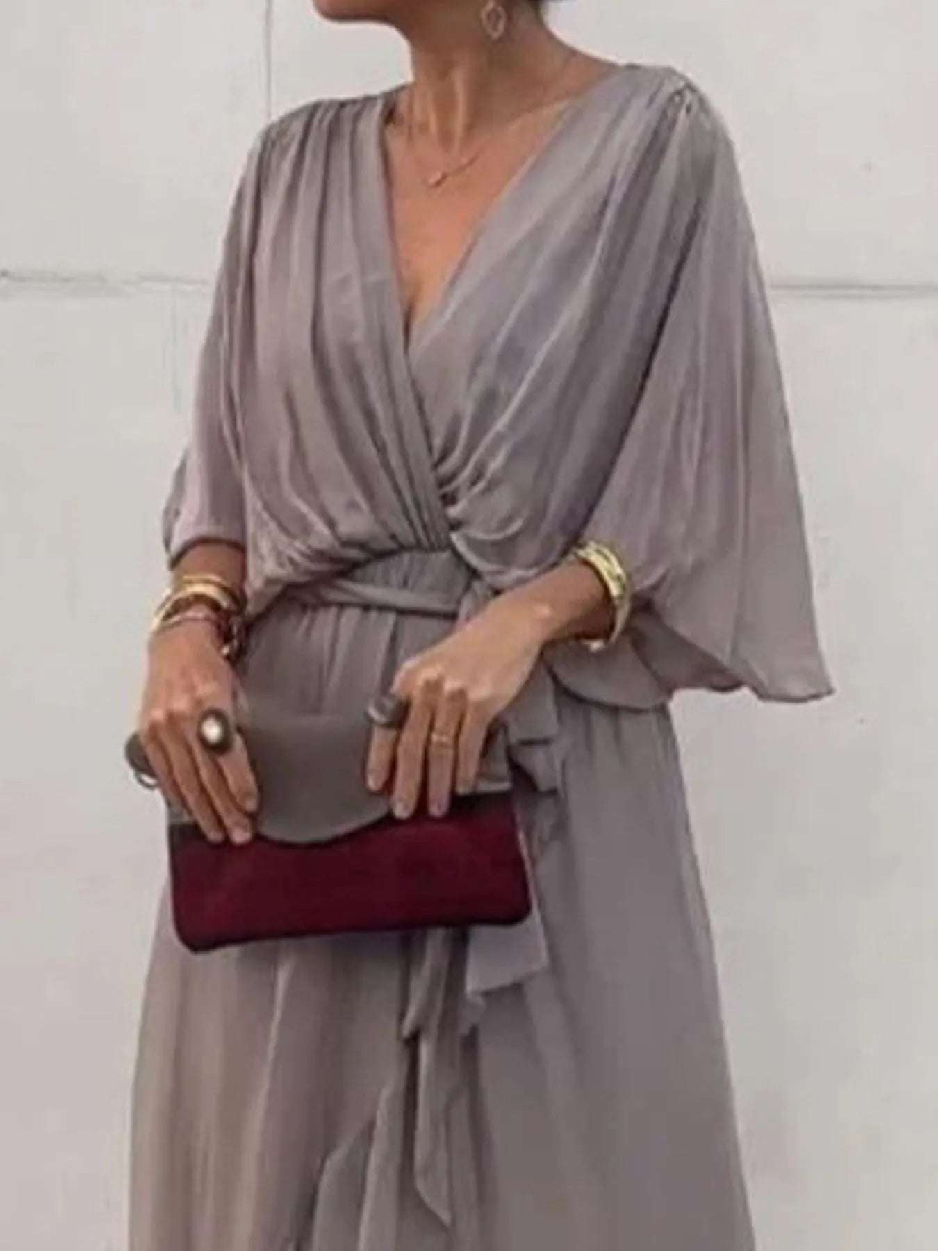 Full Size Flowy Tie Front Midi Dress with Flutter Sleeves Plus Size - MAD RUFFI