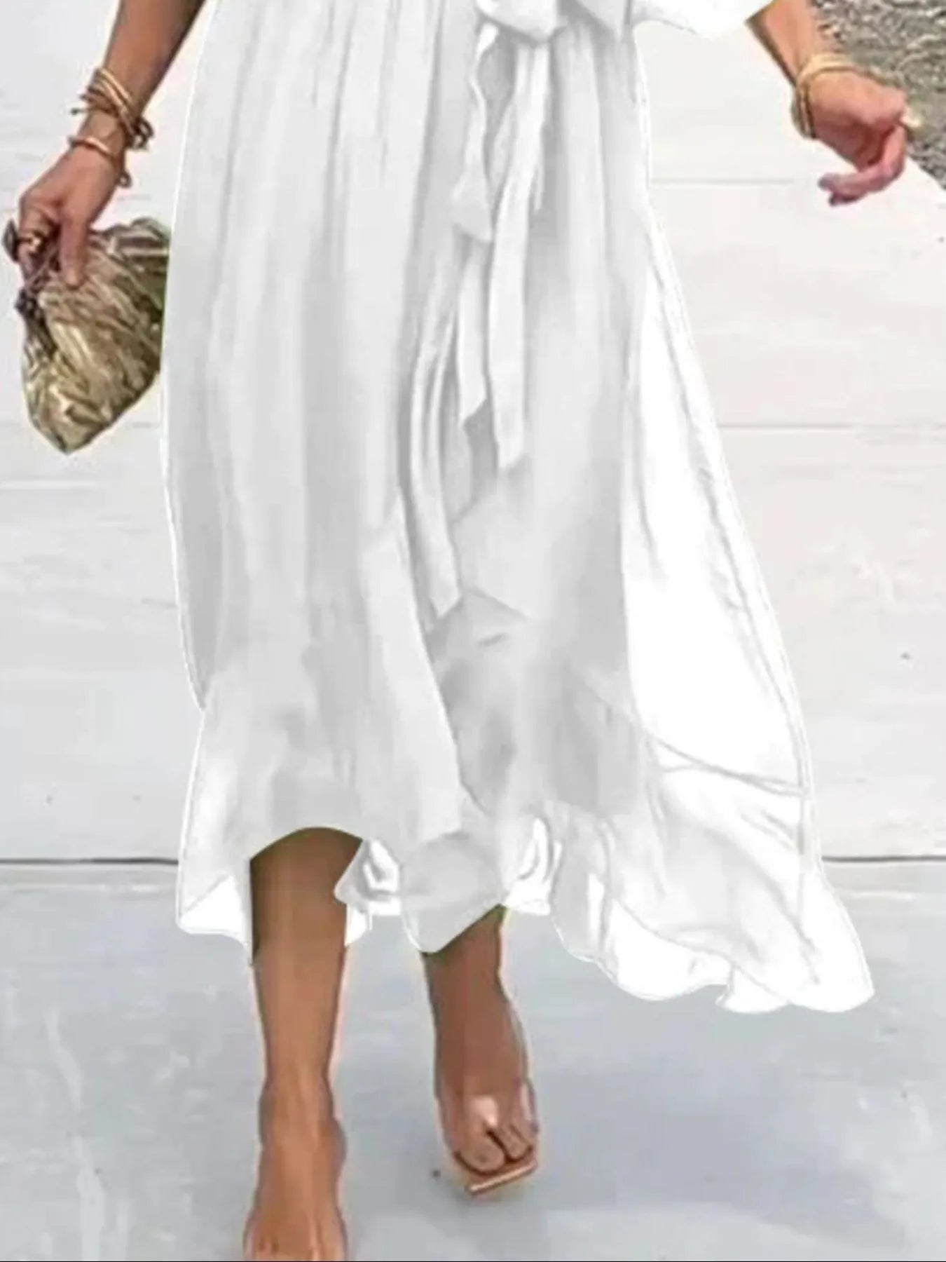 Full Size Flowy Tie Front Midi Dress with Flutter Sleeves Plus Size - MAD RUFFI