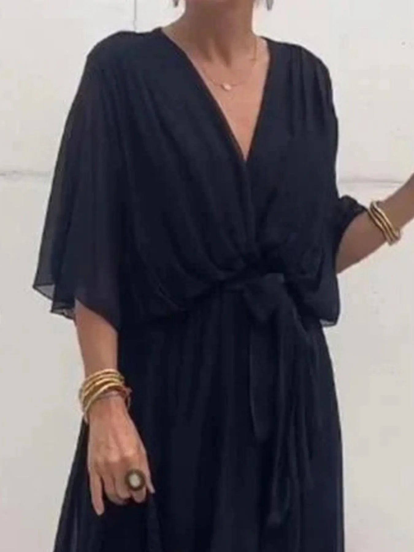 Full Size Flowy Tie Front Midi Dress with Flutter Sleeves Plus Size - MAD RUFFI