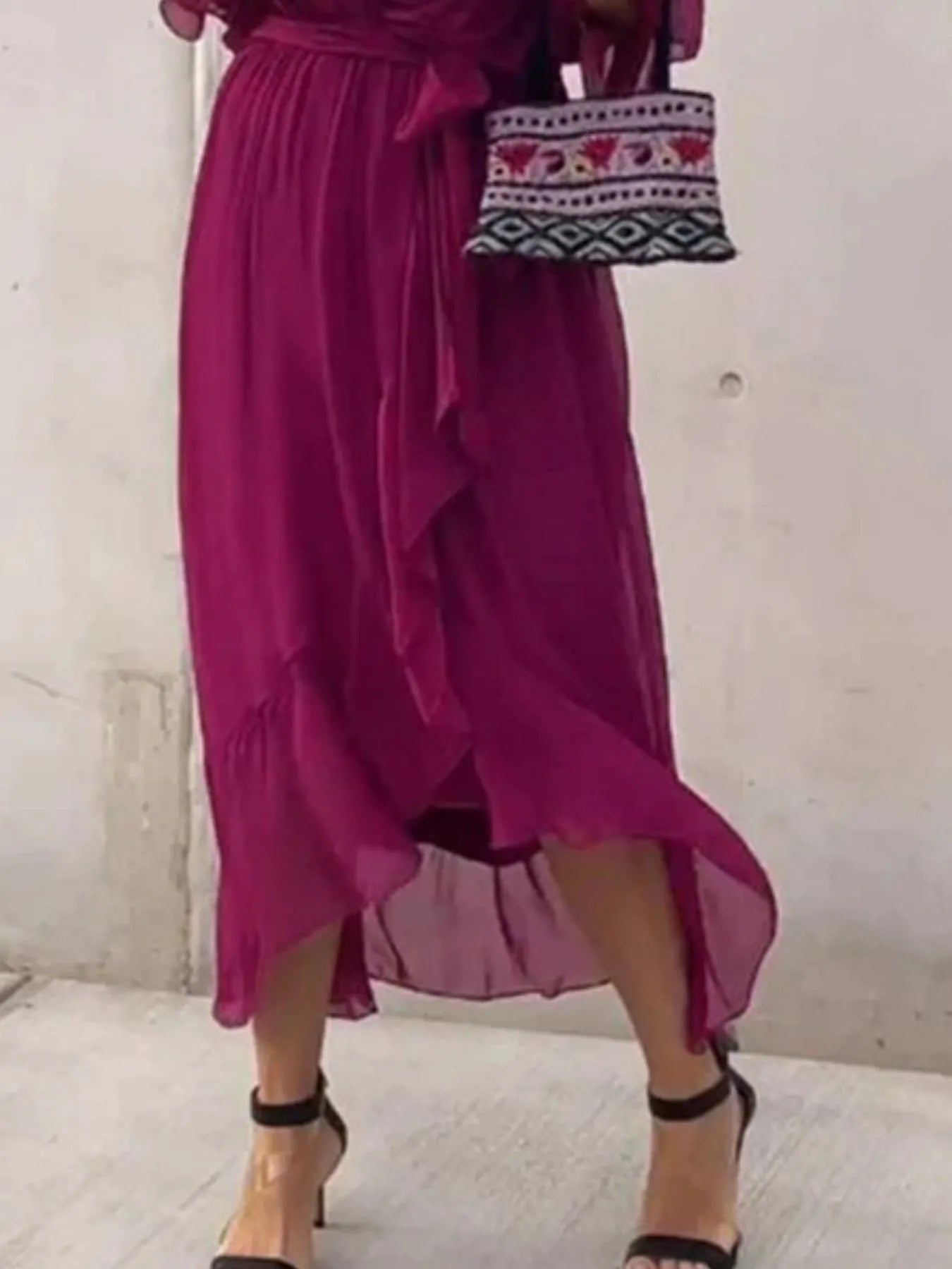 Full Size Flowy Tie Front Midi Dress with Flutter Sleeves Plus Size - MAD RUFFI